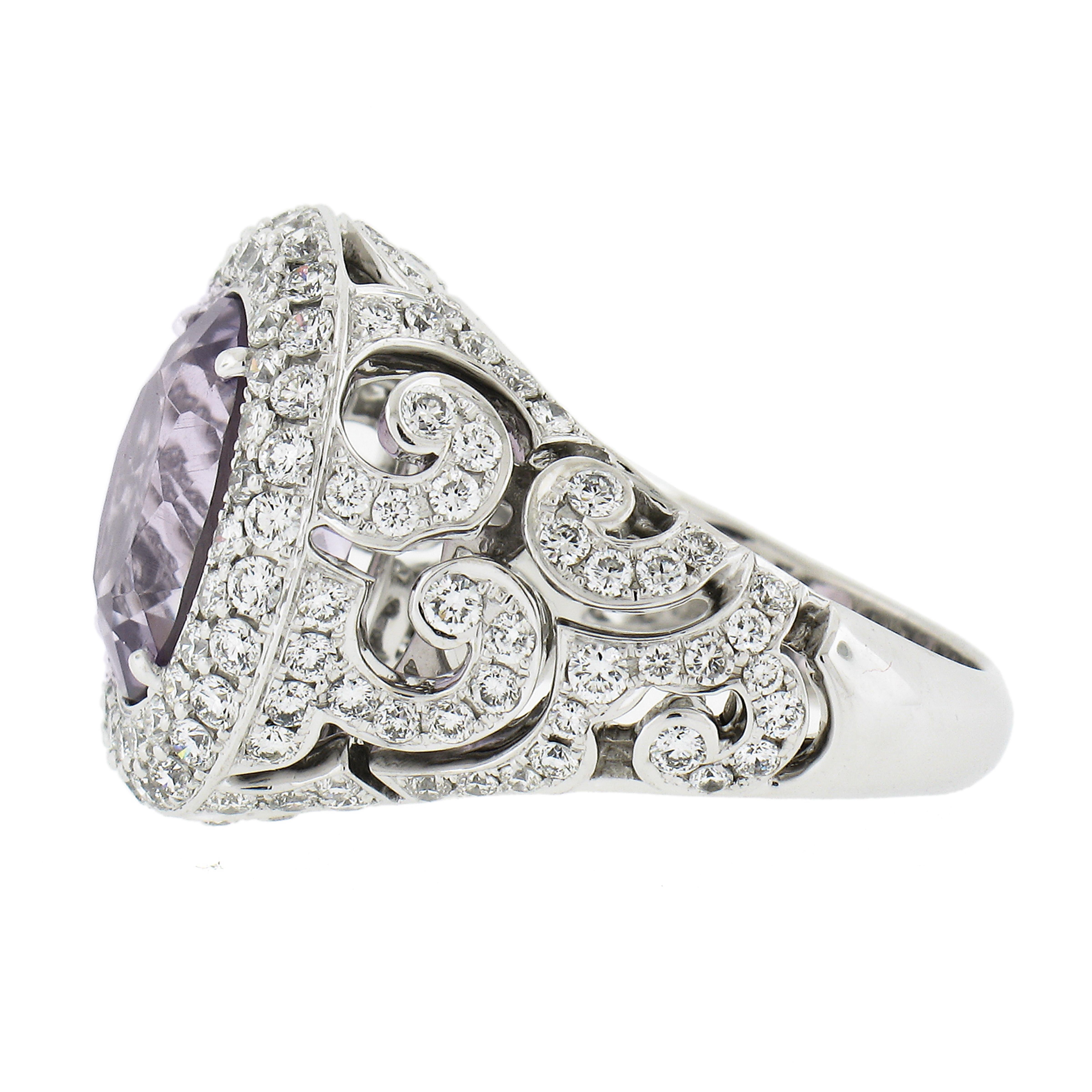 18k White Gold Oval Rose De France Amethyst Solitaire w/ 3ctw Diamond Ring For Sale 1