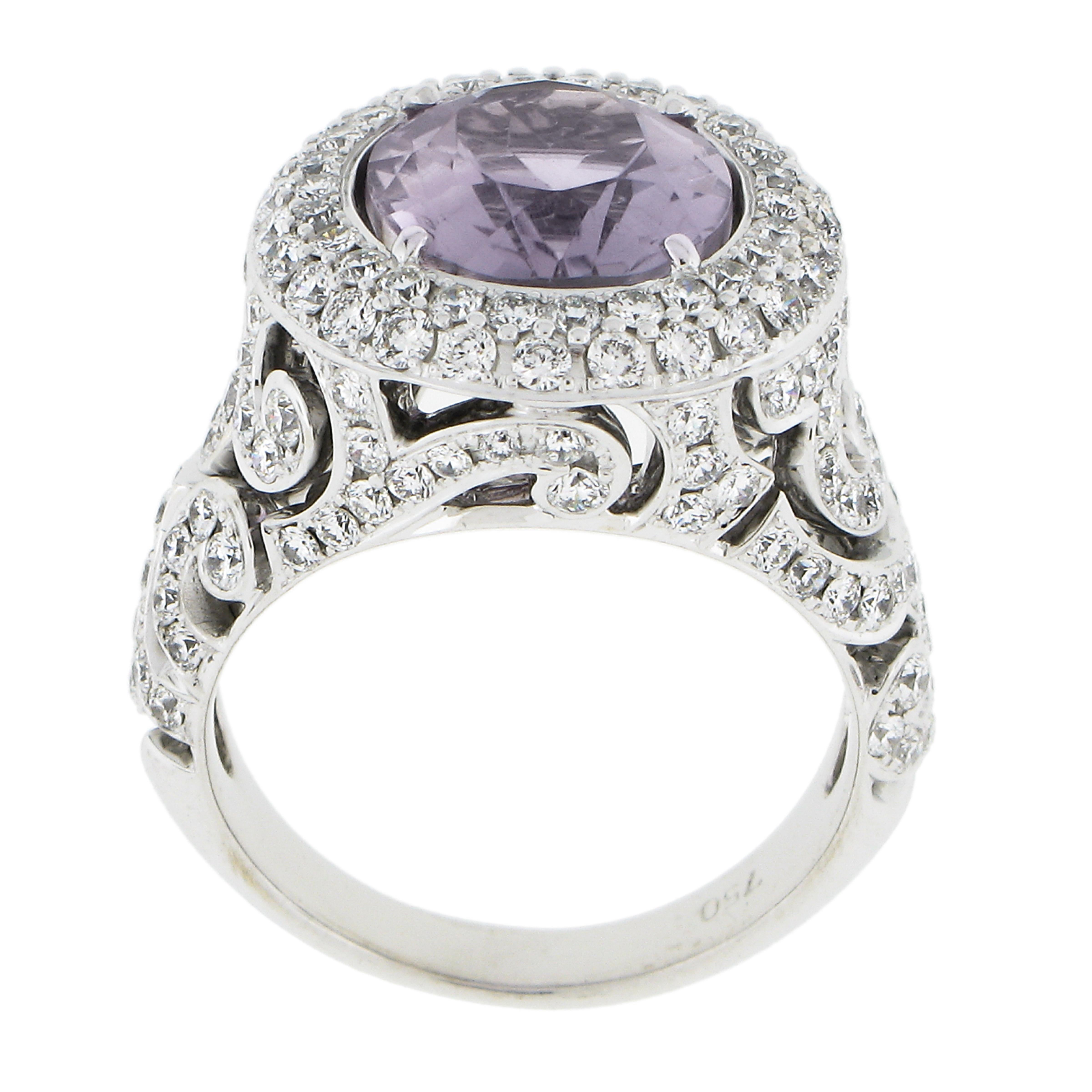 18k White Gold Oval Rose De France Amethyst Solitaire w/ 3ctw Diamond Ring For Sale 3