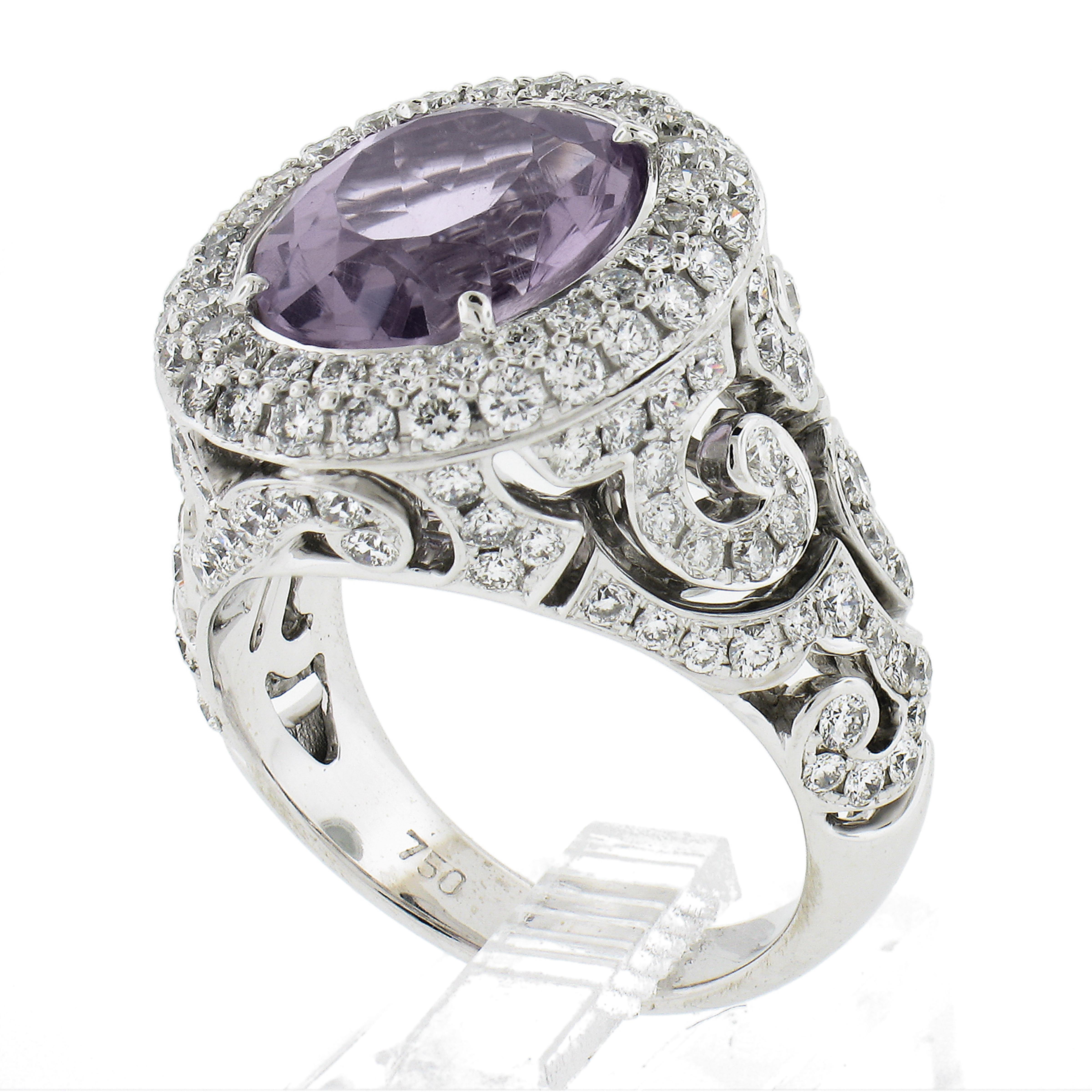 18k White Gold Oval Rose De France Amethyst Solitaire w/ 3ctw Diamond Ring For Sale 4