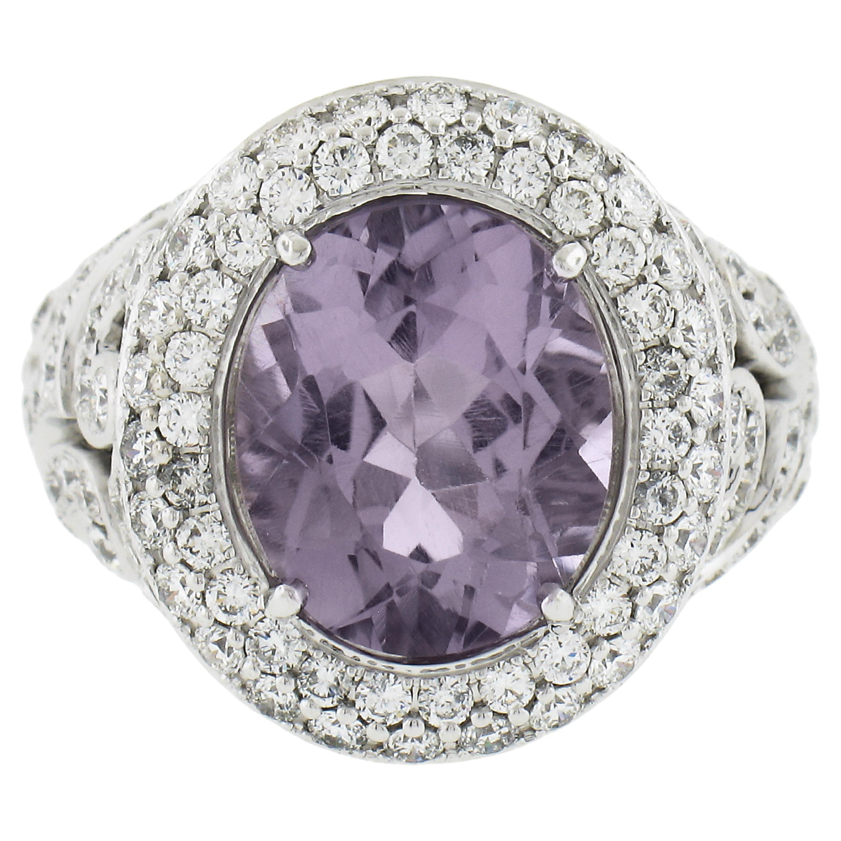 18k White Gold Oval Rose De France Amethyst Solitaire w/ 3ctw Diamond Ring For Sale
