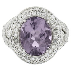 18k White Gold Oval Rose De France Amethyst Solitaire w/ 3ctw Diamond Ring