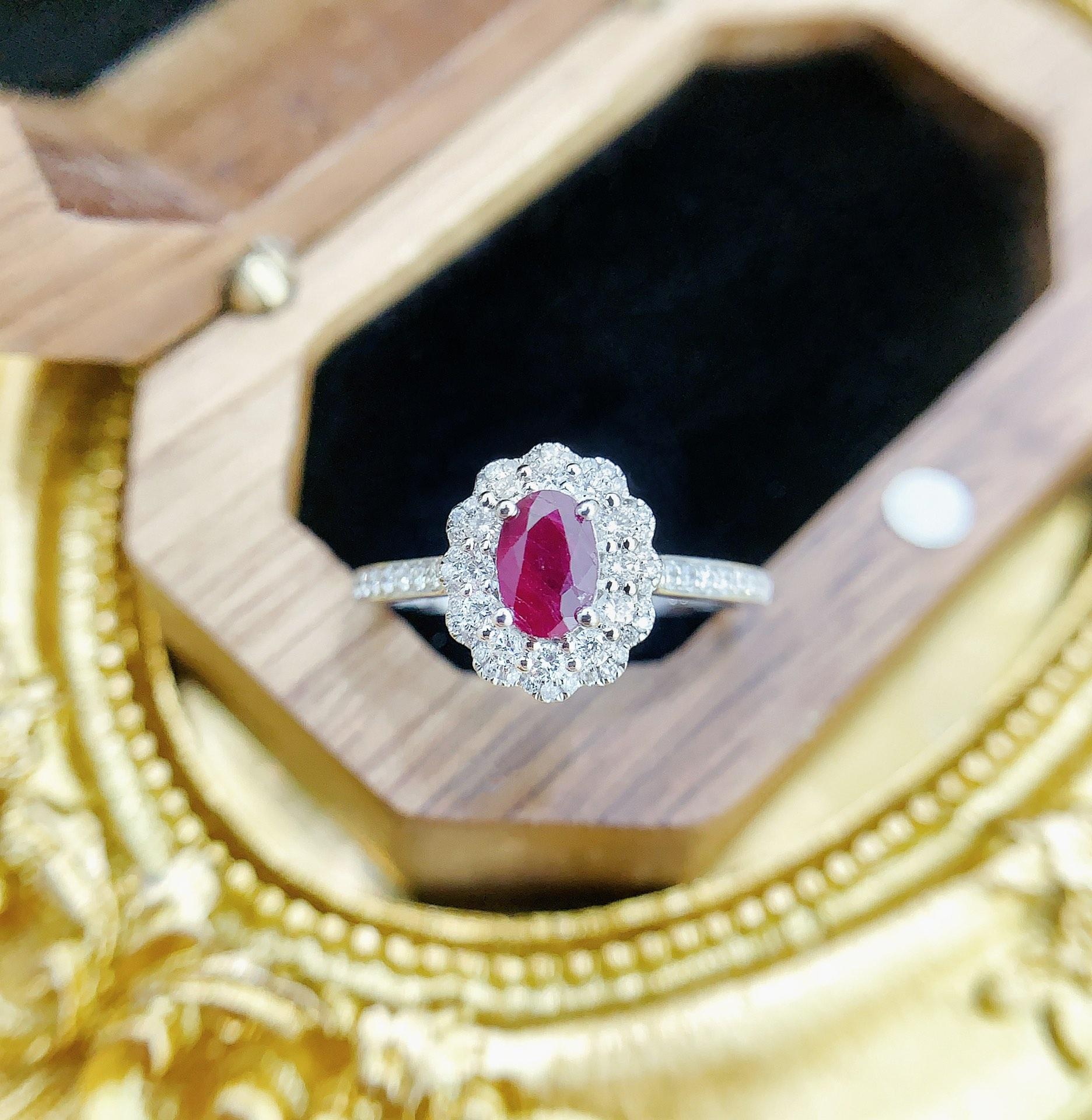 Modern 18K White Gold Oval Ruby and Double Halo Diamond Ring For Sale