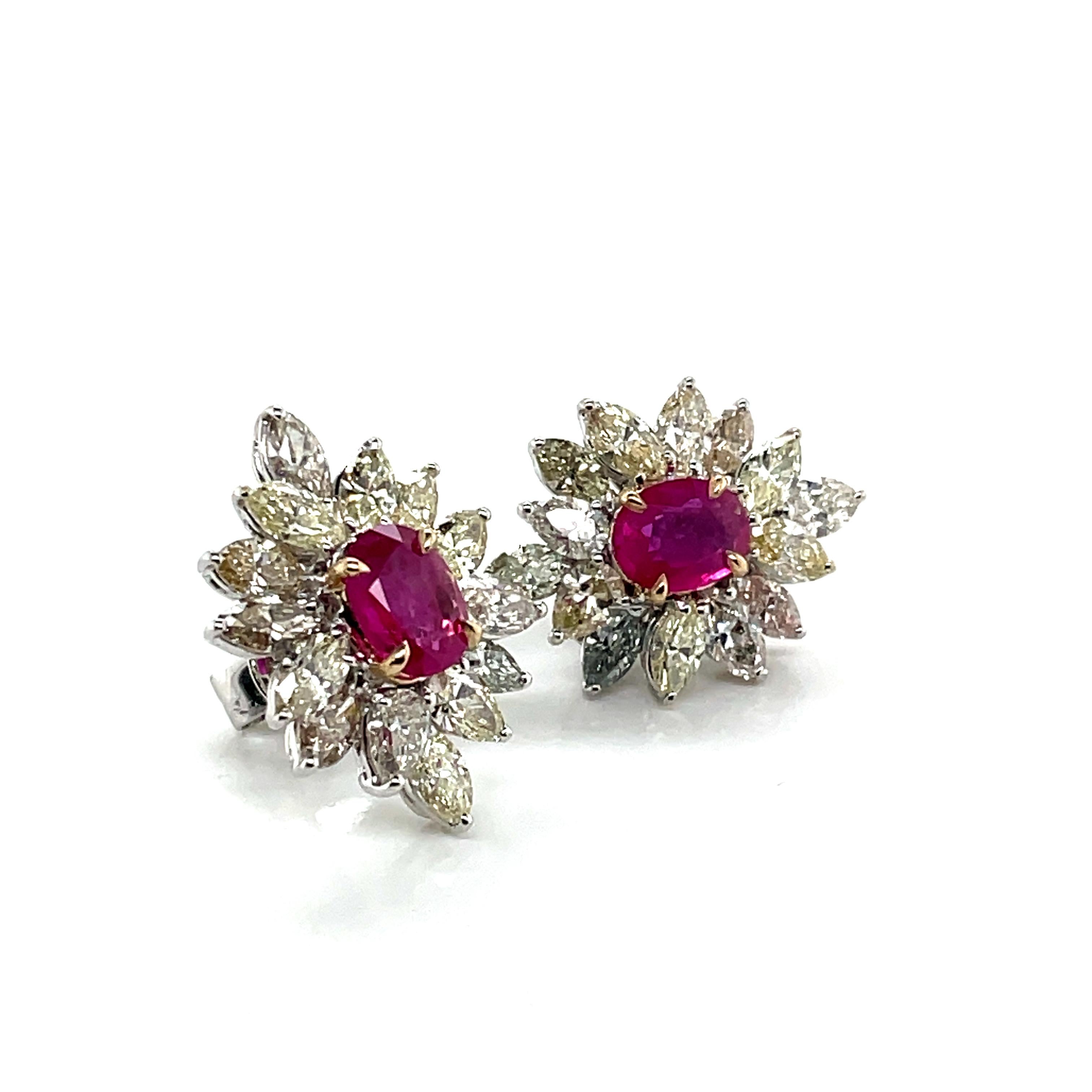 18k White Gold Oval Ruby Cts 1.65 Marquise Diamond Flower Earrings For Sale 4