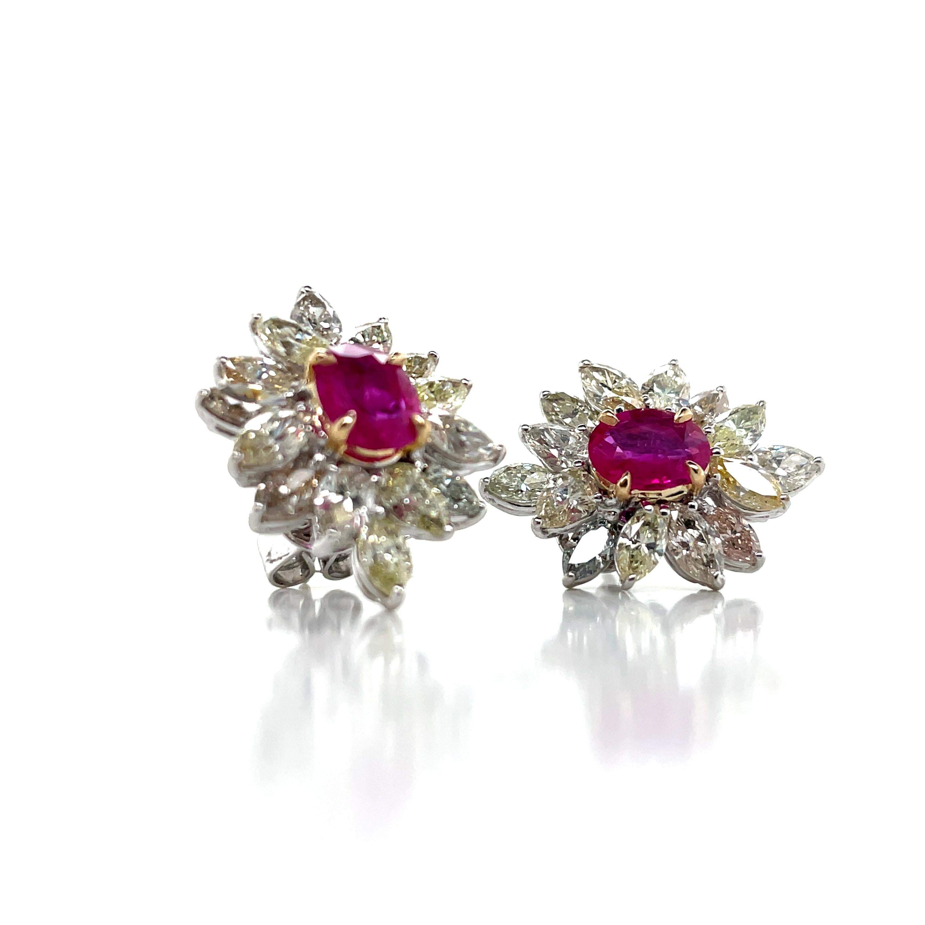 18k White Gold Oval Ruby Cts 1.65 Marquise Diamond Flower Earrings For Sale 5