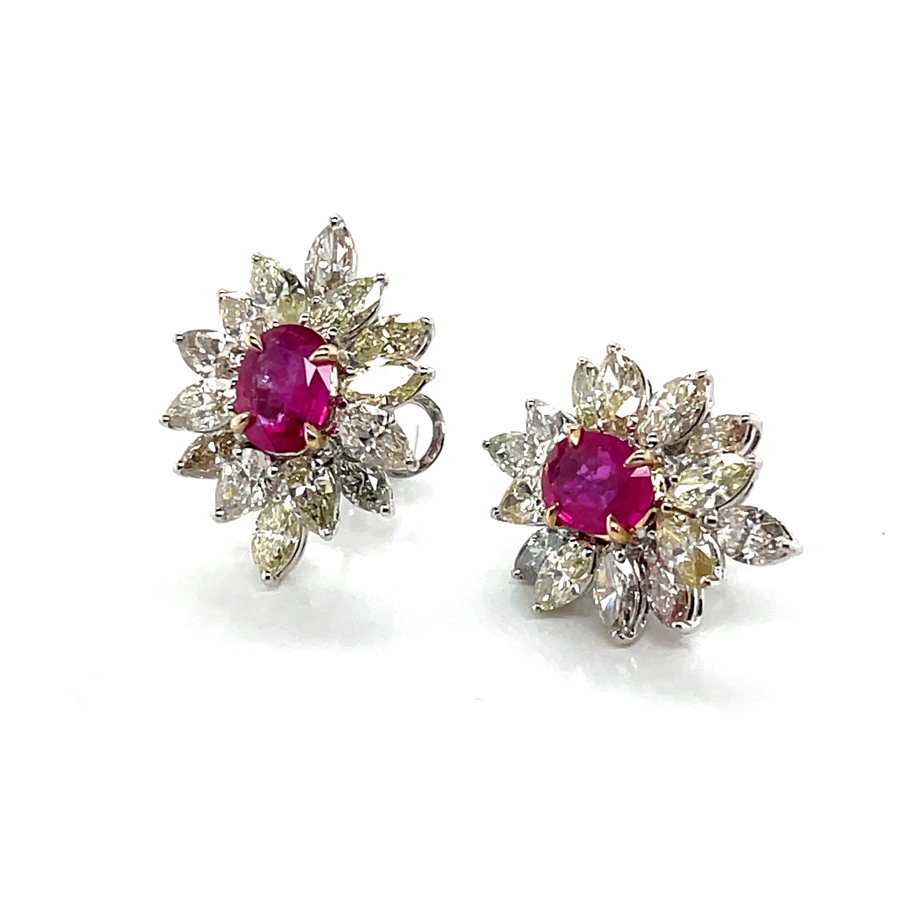 18k White Gold Oval Ruby Cts 1.65 Marquise Diamond Flower Earrings For Sale 6