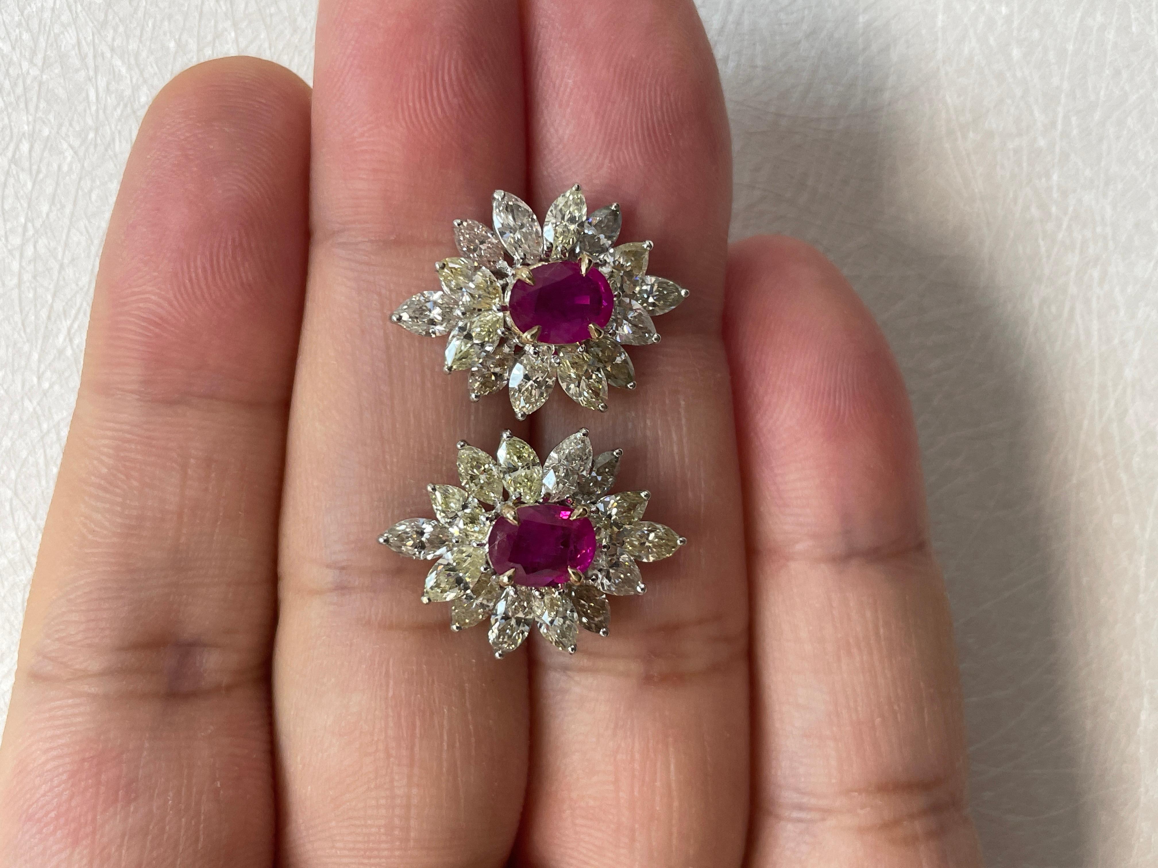 18k White Gold Oval Ruby Cts 1.65 Marquise Diamond Flower Earrings For Sale 7