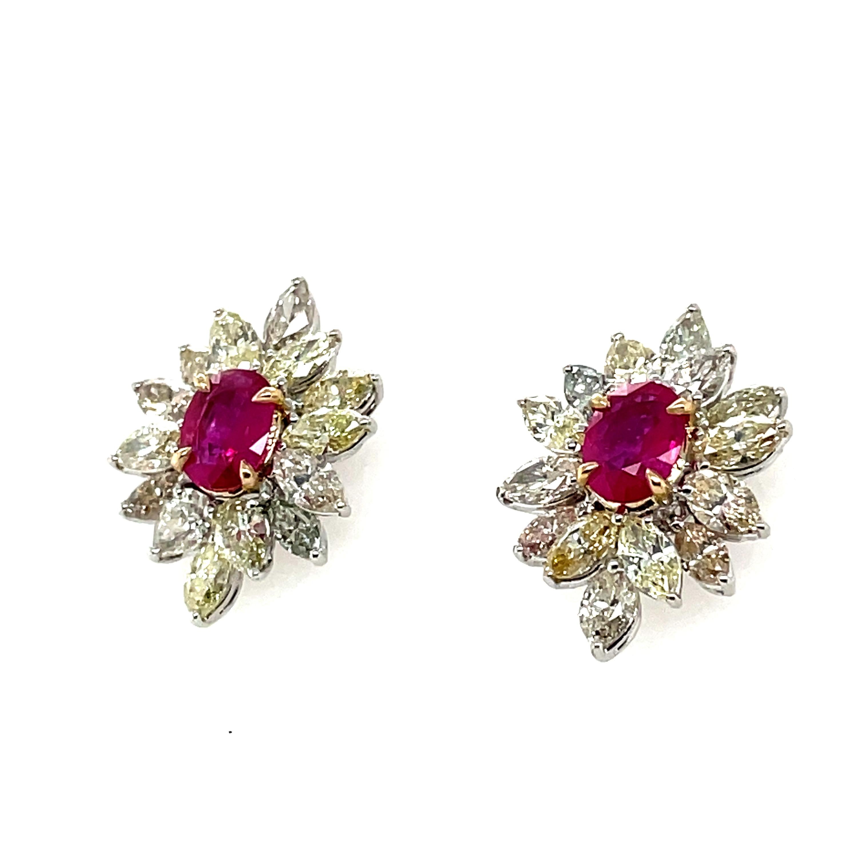 18k White Gold Oval Ruby Cts 1.65 Marquise Diamond Flower Earrings For Sale 8