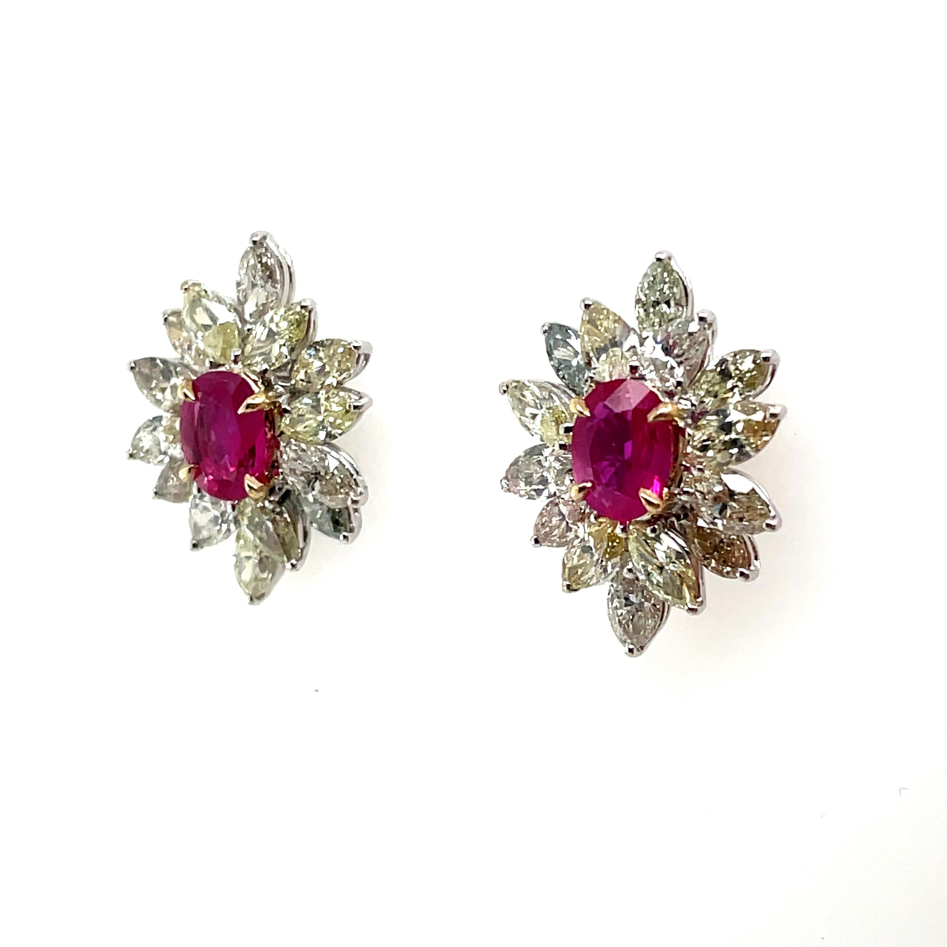 18k White Gold Oval Ruby Cts 1.65 Marquise Diamond Flower Earrings For Sale 9