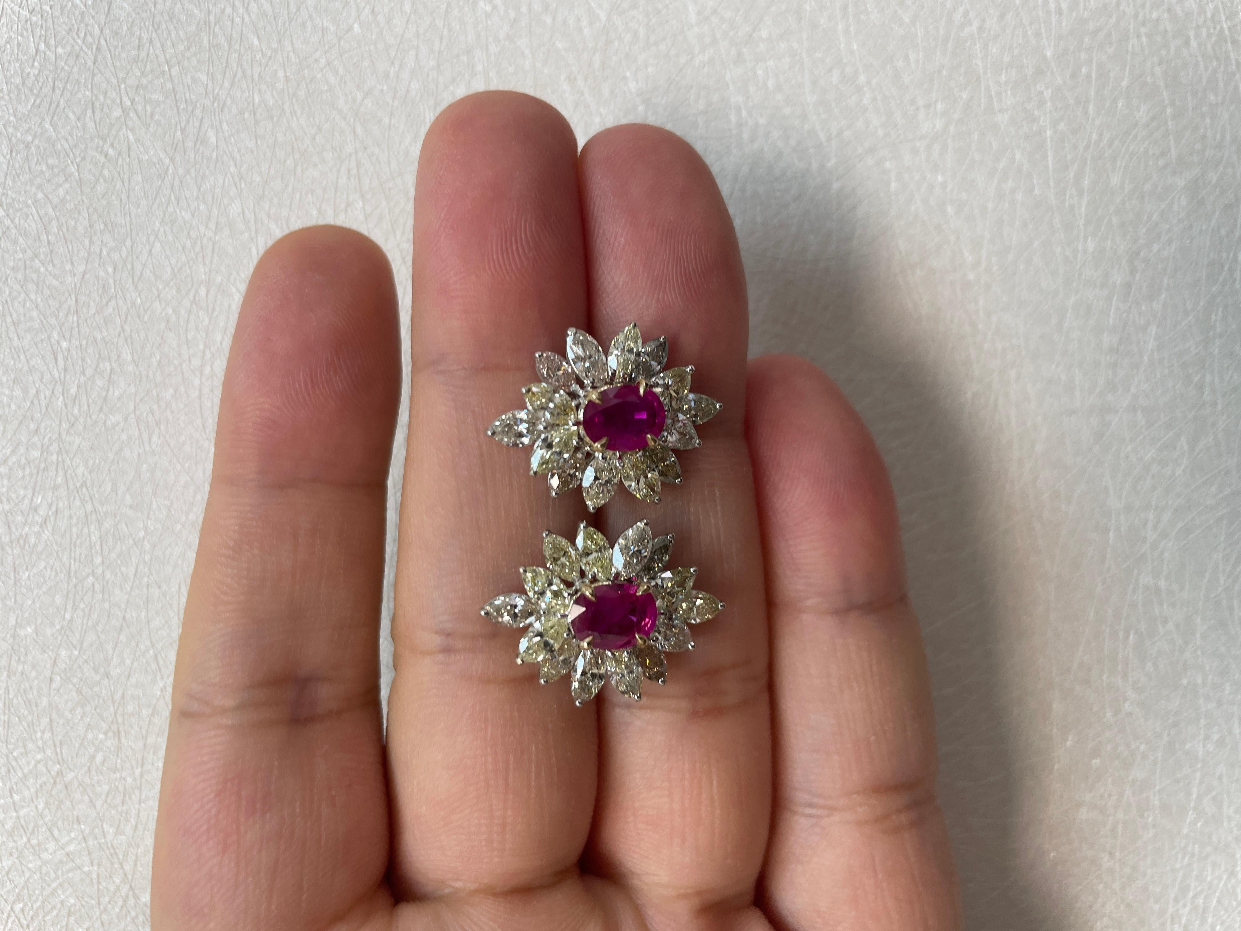 18k White Gold Oval Ruby Cts 1.65 Marquise Diamond Flower Earrings For Sale 11