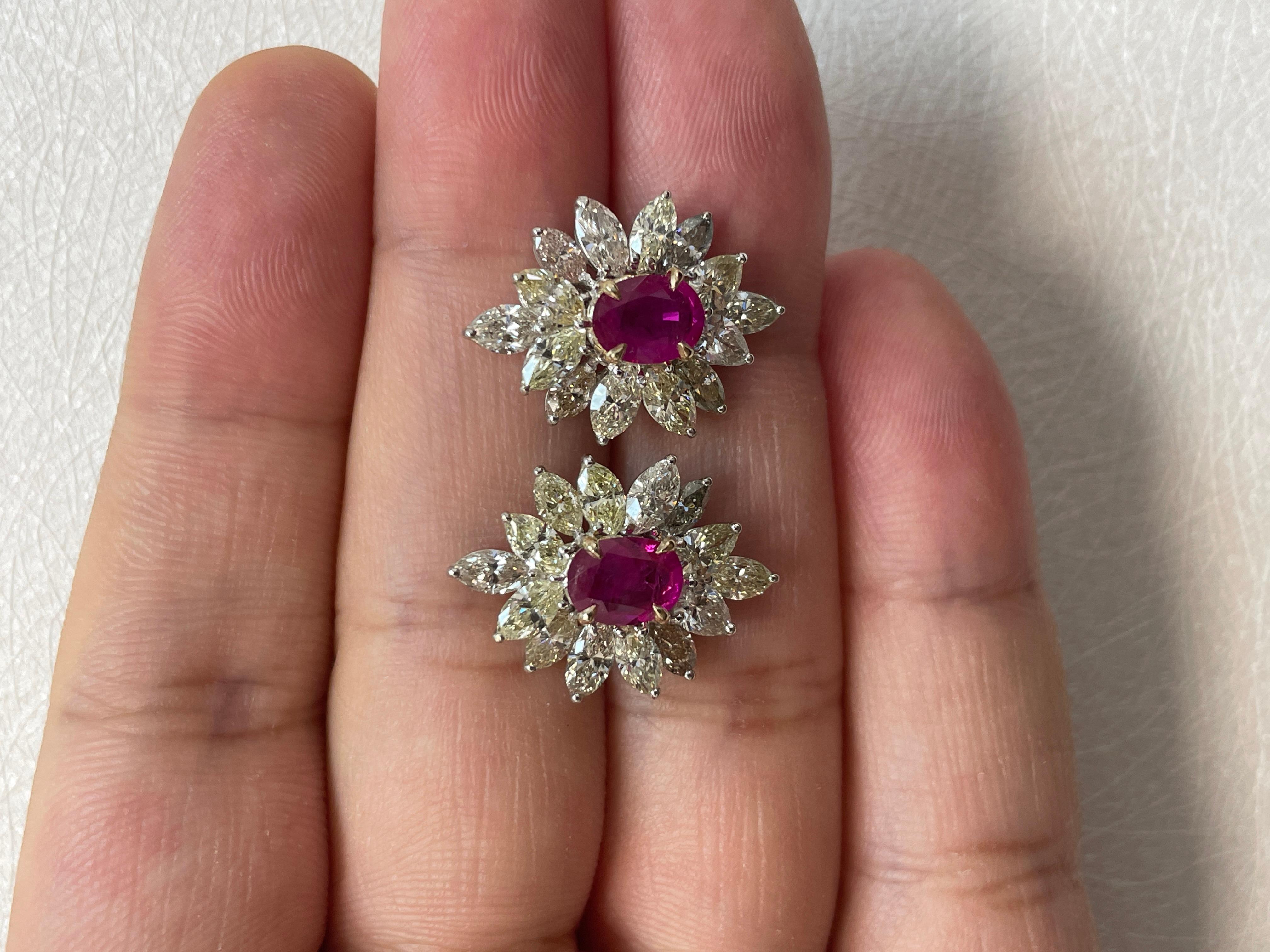 18k White Gold Oval Ruby Cts 1.65 Marquise Diamond Flower Earrings For Sale 12