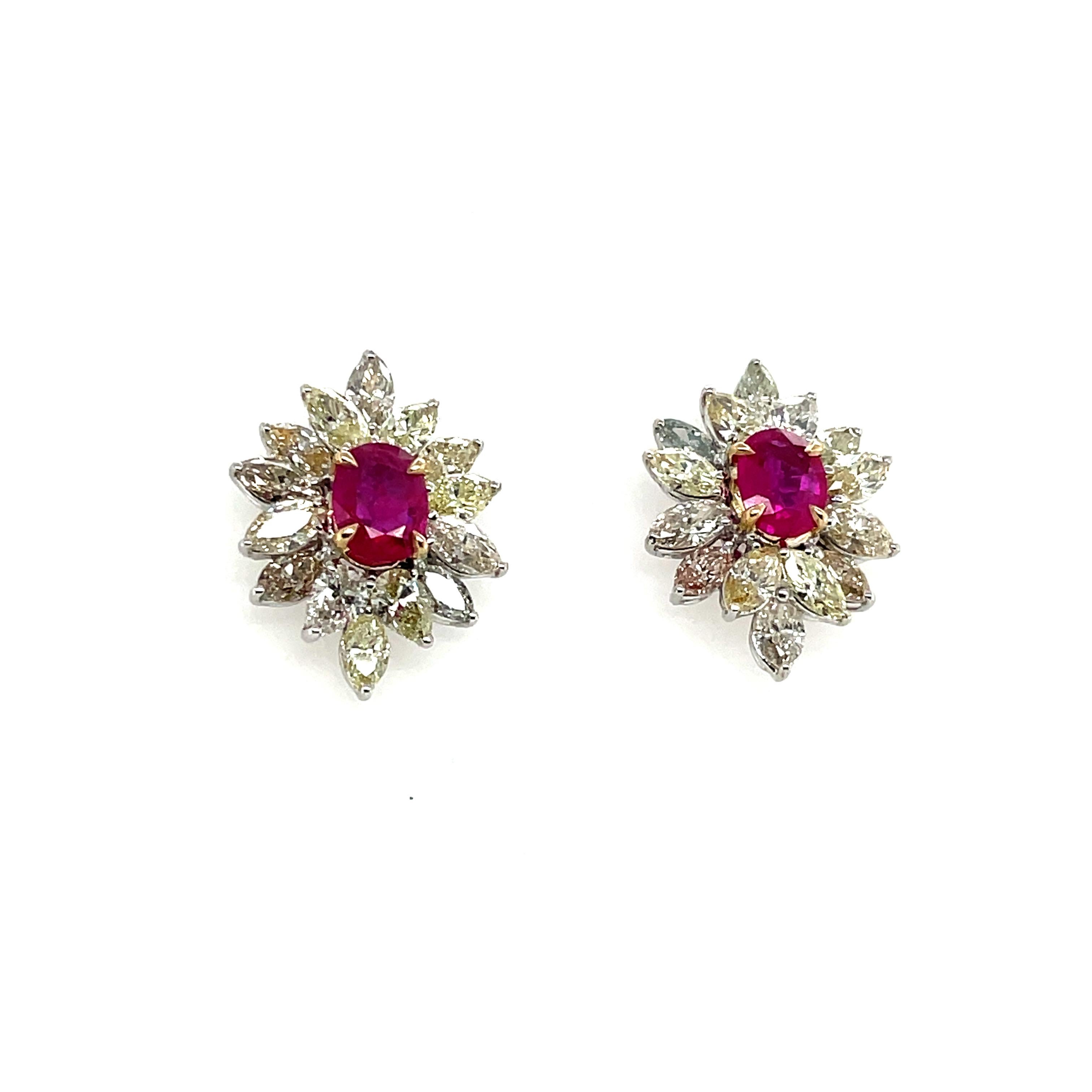Oval Cut 18k White Gold Oval Ruby Cts 1.65 Marquise Diamond Flower Earrings For Sale