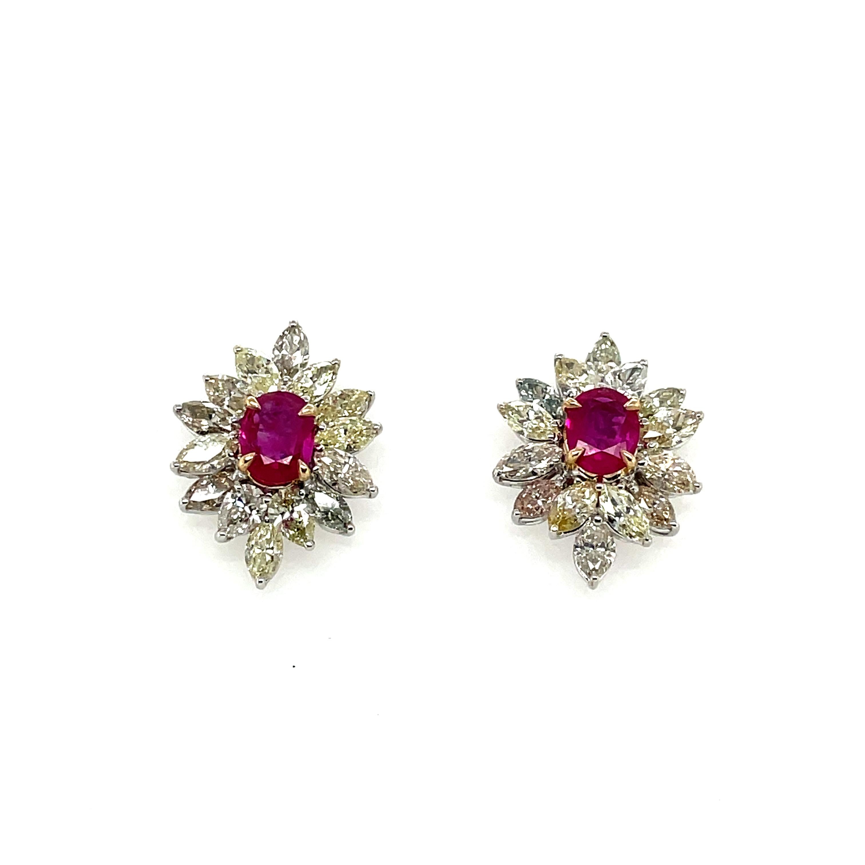 Women's 18k White Gold Oval Ruby Cts 1.65 Marquise Diamond Flower Earrings For Sale