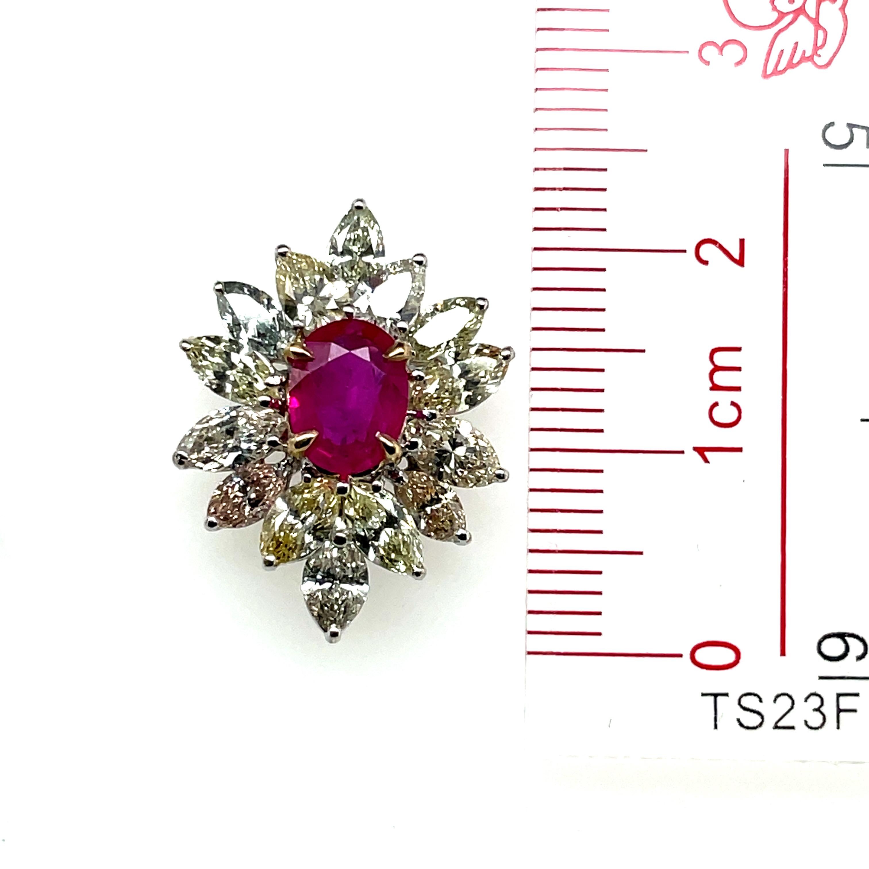 18k White Gold Oval Ruby Cts 1.65 Marquise Diamond Flower Earrings For Sale 2