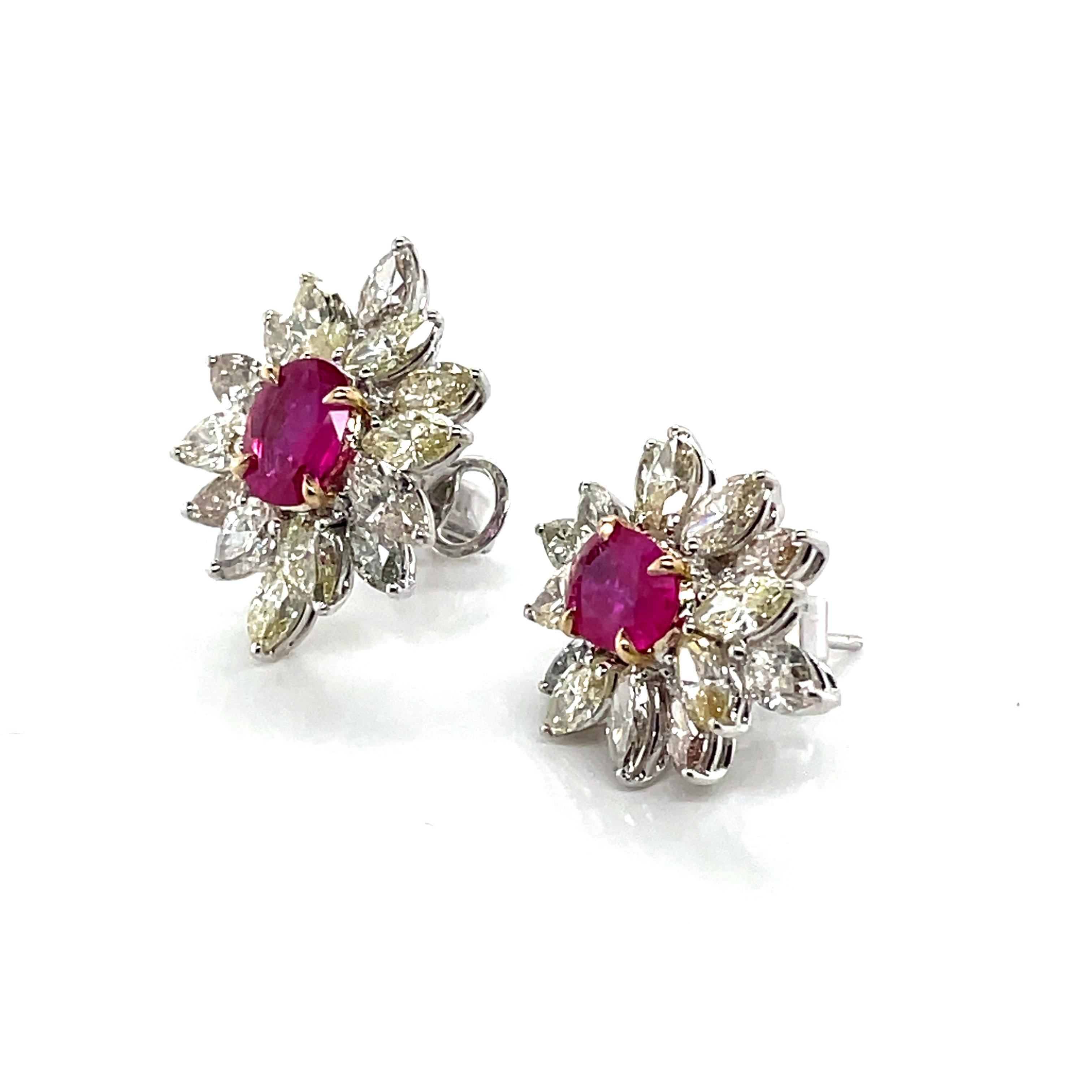 18k White Gold Oval Ruby Cts 1.65 Marquise Diamond Flower Earrings For Sale 3