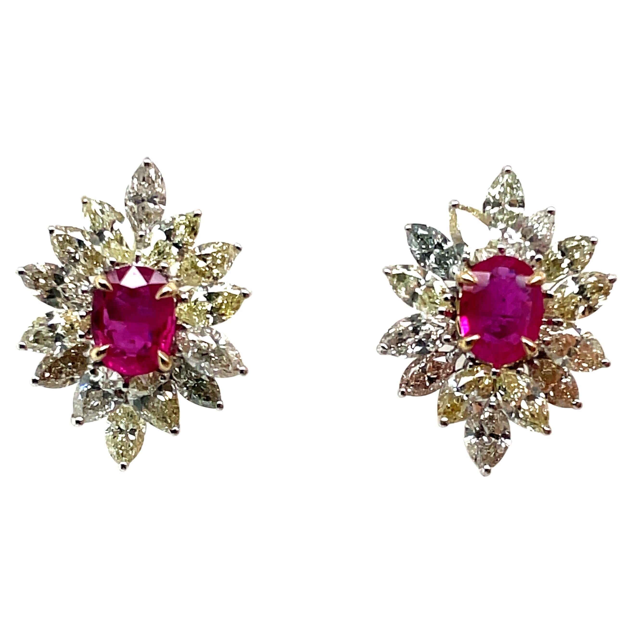 18k White Gold Oval Ruby Cts 1.65 Marquise Diamond Flower Earrings For Sale