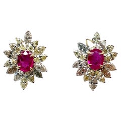 18k White Gold Oval Ruby Cts 1.65 Marquise Diamond Flower Earrings