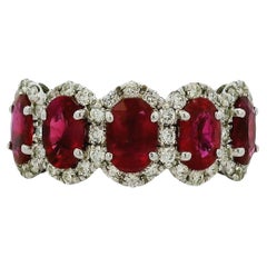 18k White Gold Oval Ruby With Diamond Halo Five Stone Ring