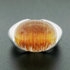 18k White Gold Oval Rutilated Quartz Solitaire Cocktail Ring w/ Brushed Finish