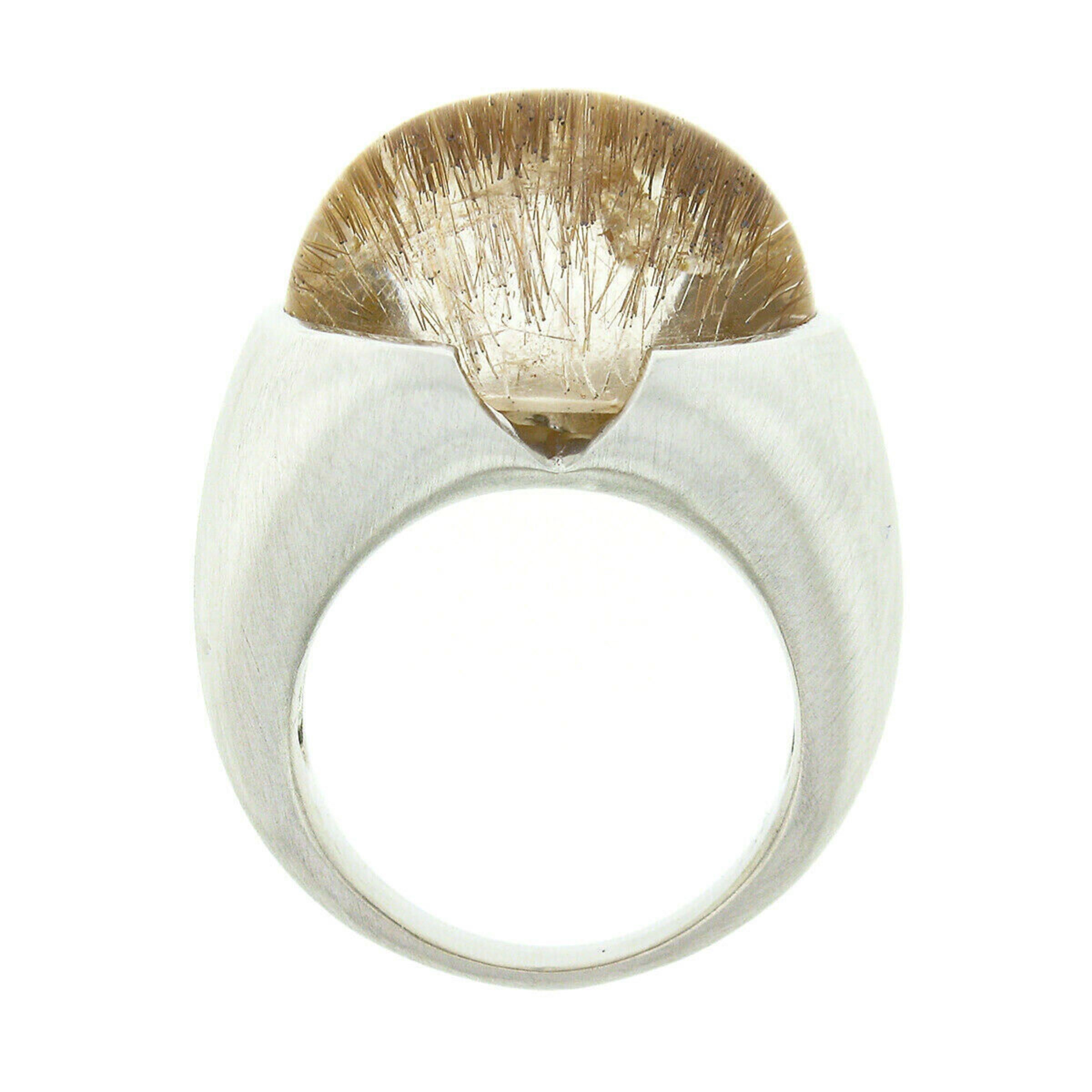Women's 18k White Gold Oval Rutilated Quartz Solitaire Cocktail Ring w/ Brushed Finish For Sale