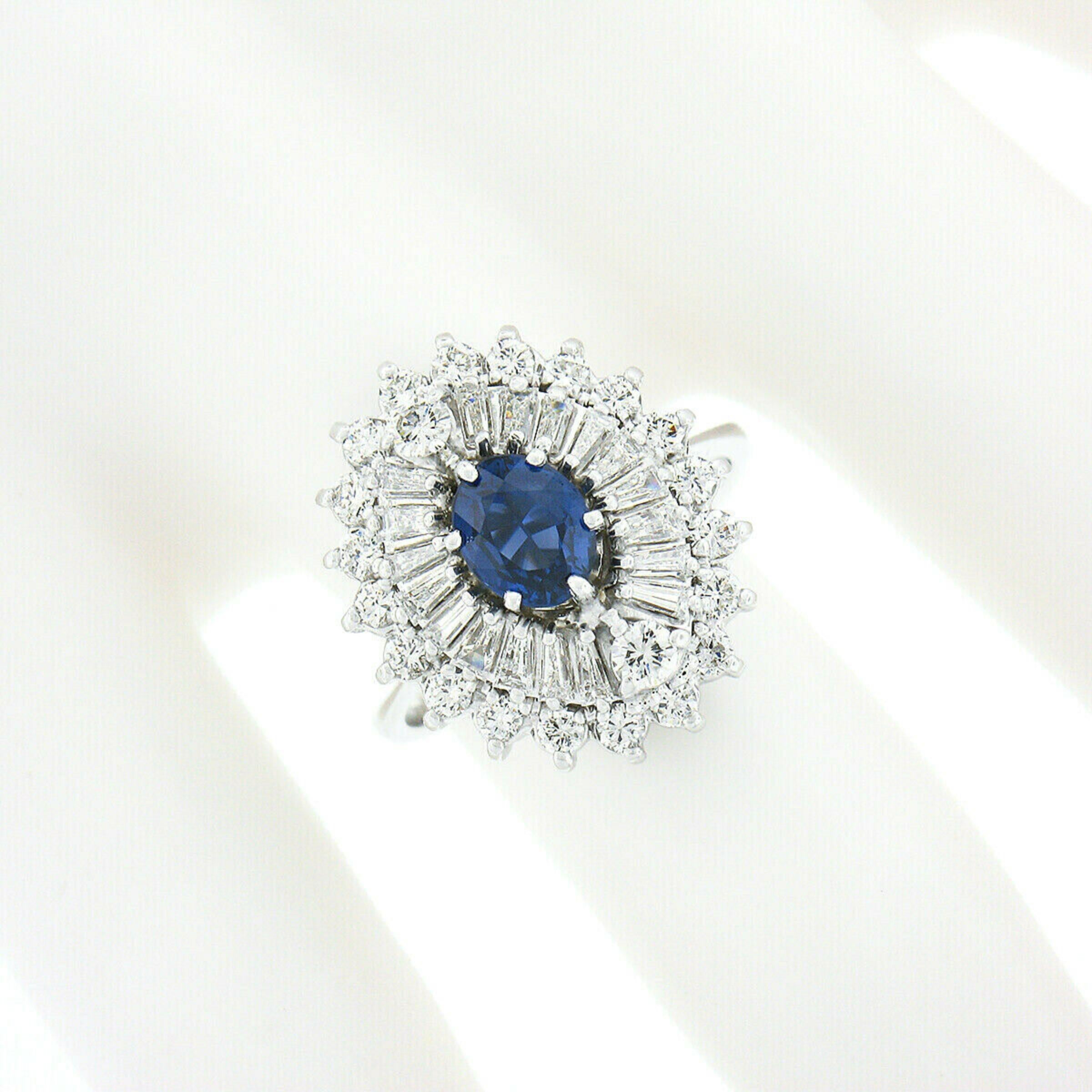 Oval Cut 18k White Gold Oval Sapphire w/ Round & Baguette Diamond Ballerina Cocktail Ring