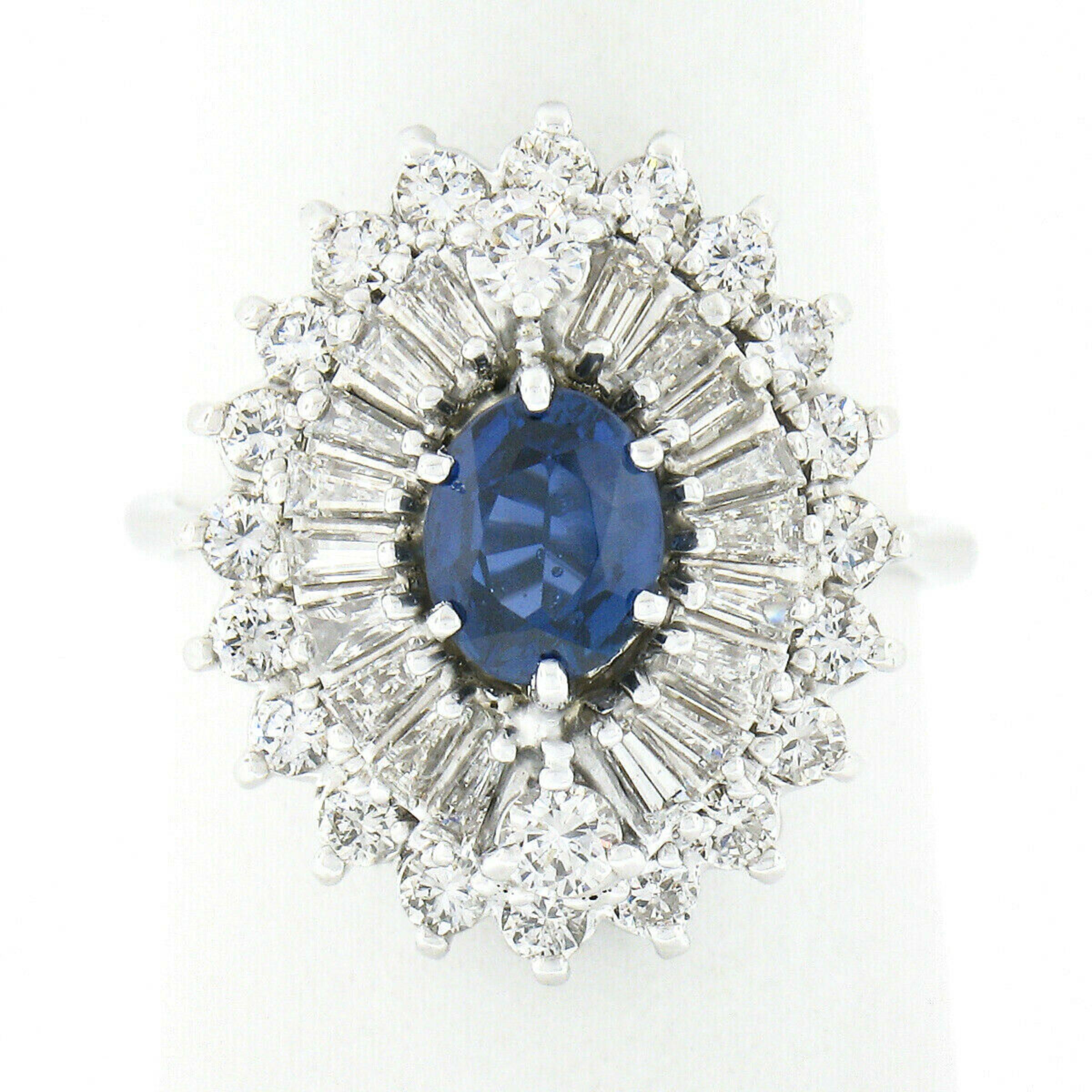 18k White Gold Oval Sapphire w/ Round & Baguette Diamond Ballerina Cocktail Ring In Good Condition In Montclair, NJ