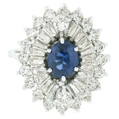 18k White Gold Oval Sapphire w/ Round & Baguette Diamond Ballerina Cocktail Ring