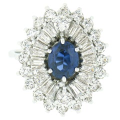 18k White Gold Oval Sapphire w/ Round & Baguette Diamond Ballerina Cocktail Ring