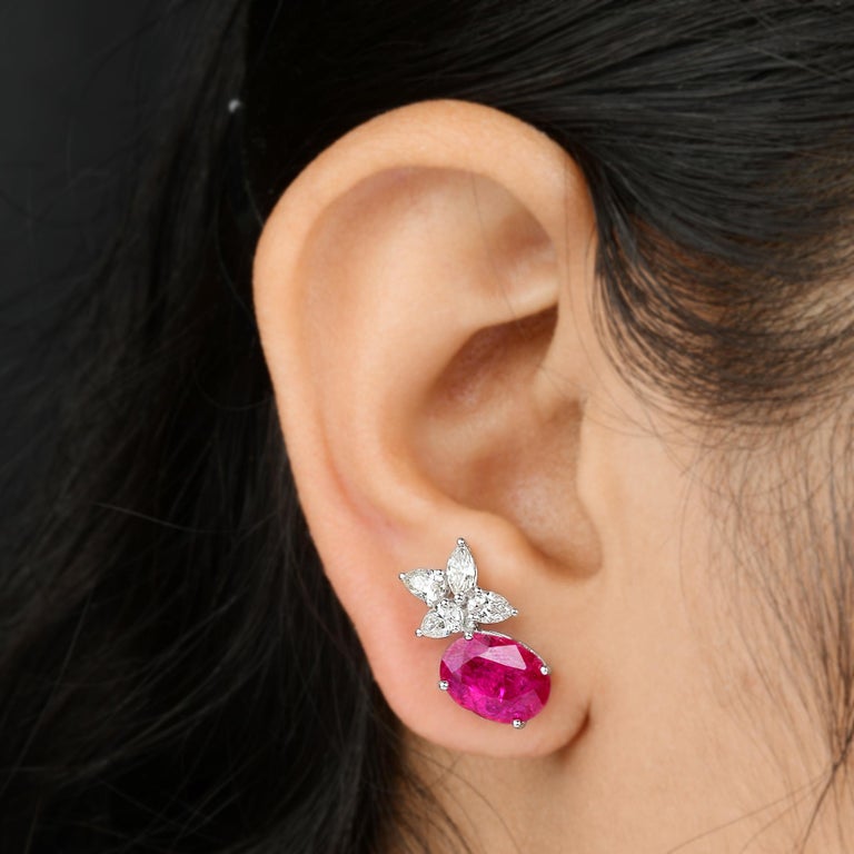 Oval Cut 18k White Gold Oval Shape Ruby Gemstone Stud Earrings Diamond Pave Fine Jewelry For Sale