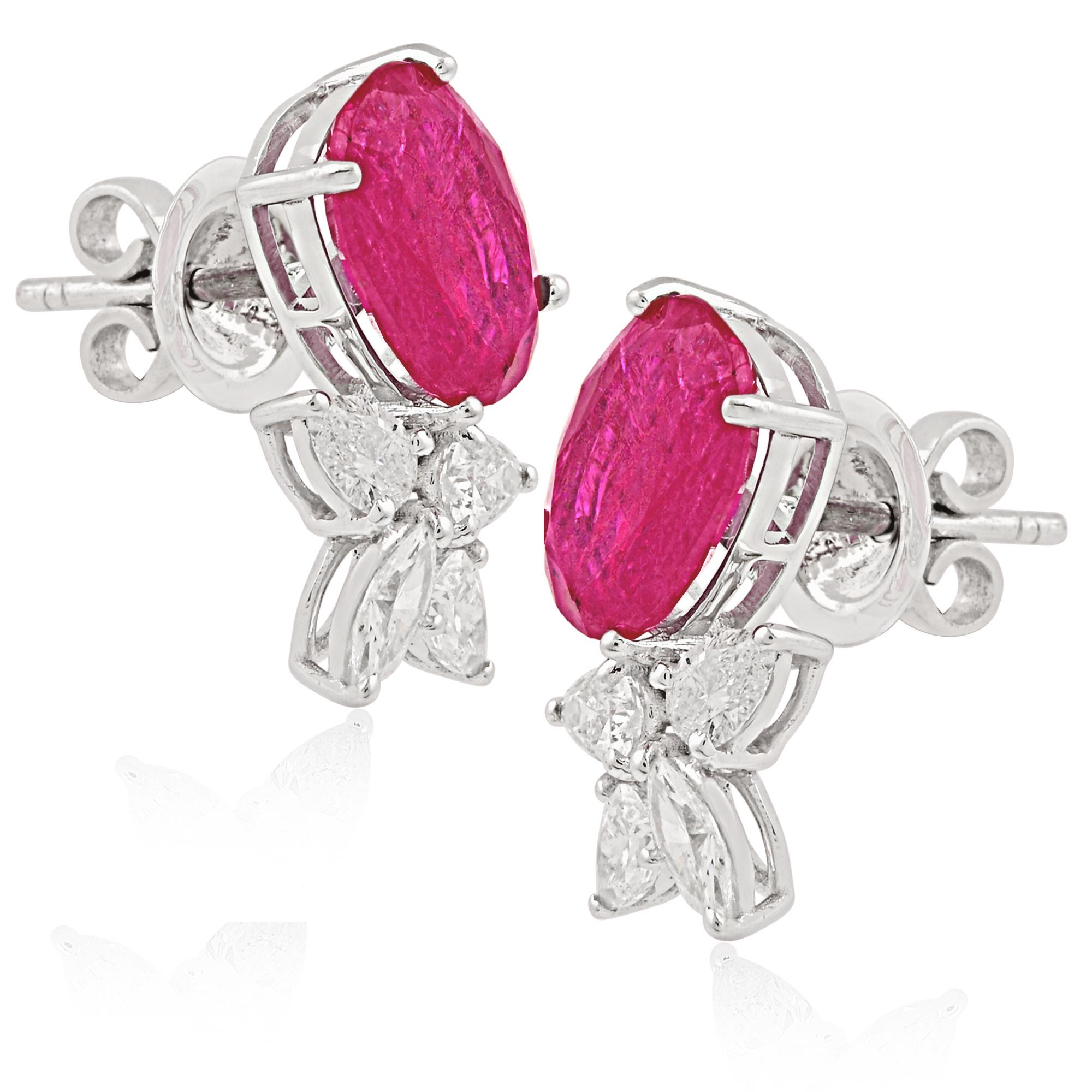Oval Cut 18k White Gold Oval Shape Ruby Gemstone Stud Earrings Diamond Pave Fine Jewelry For Sale