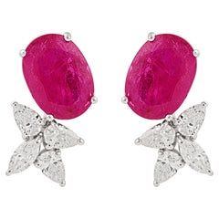 18k White Gold Oval Shape Ruby Gemstone Stud Earrings Diamond Pave Fine Jewelry