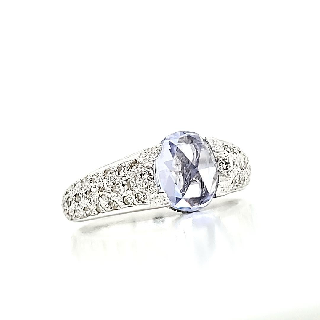 Round Cut 18k White Gold Oval-Shaped Rose-Cut Blue Sapphire Cts 1.95 Diamond Engagement For Sale
