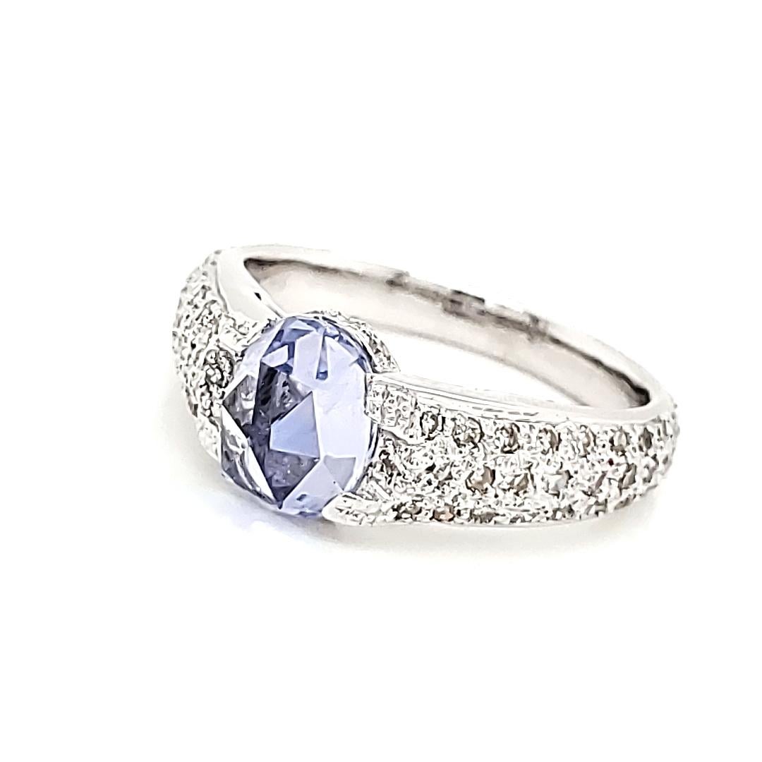 18k White Gold Oval-Shaped Rose-Cut Blue Sapphire Cts 1.95 Diamond Engagement For Sale 1