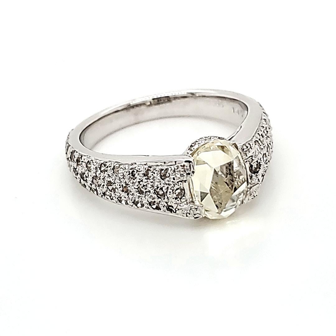 18k White Gold Oval-Shaped Rose-Cut Yellow Sapphire Cts 1.45 Diamond Engagement In New Condition For Sale In Hong Kong, HK