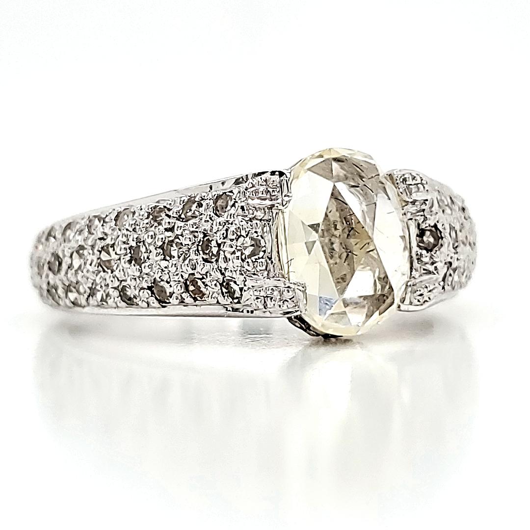 Women's 18k White Gold Oval-Shaped Rose-Cut Yellow Sapphire Cts 1.45 Diamond Engagement For Sale