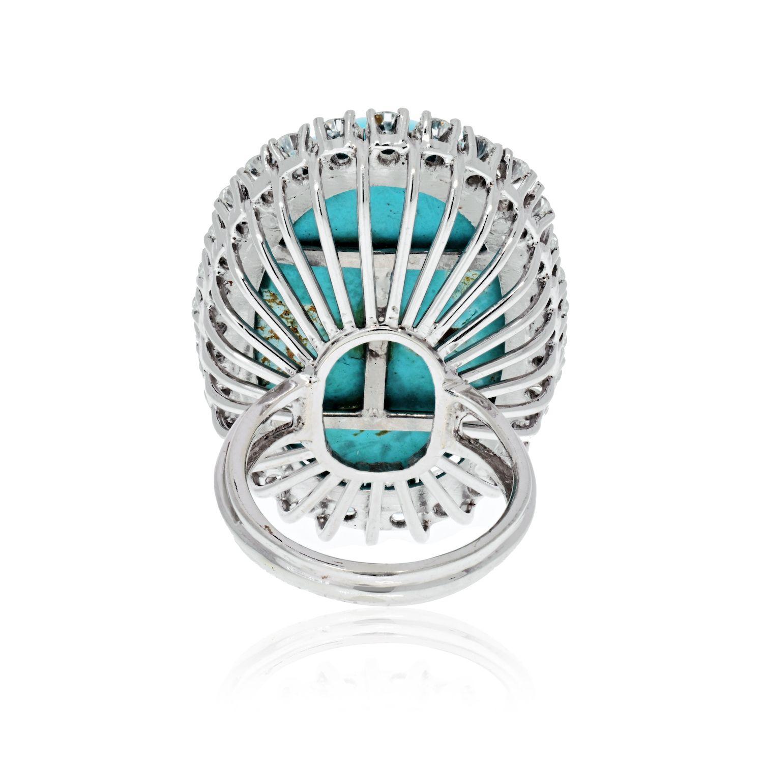 Modern 18K White Gold Oval Turquoise and Diamond Ring