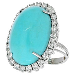 18K White Gold Oval Turquoise and Diamond Ring