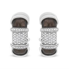 18K White Gold over Silver Graphite Grey Enamel 5/8 Carat Diamonds Hoop Earrings