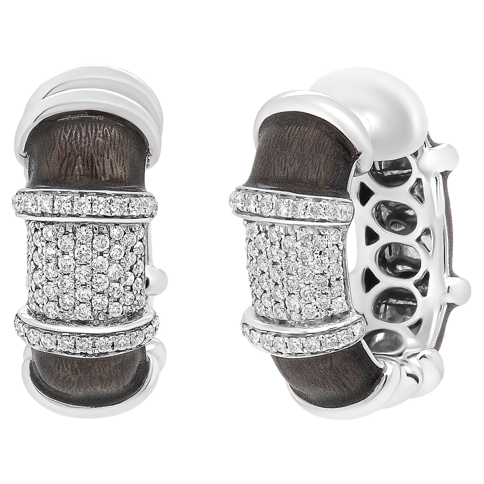 18K White Gold over Silver Graphite Grey Enamel 5/8 Carat Diamonds Hoop Earrings For Sale