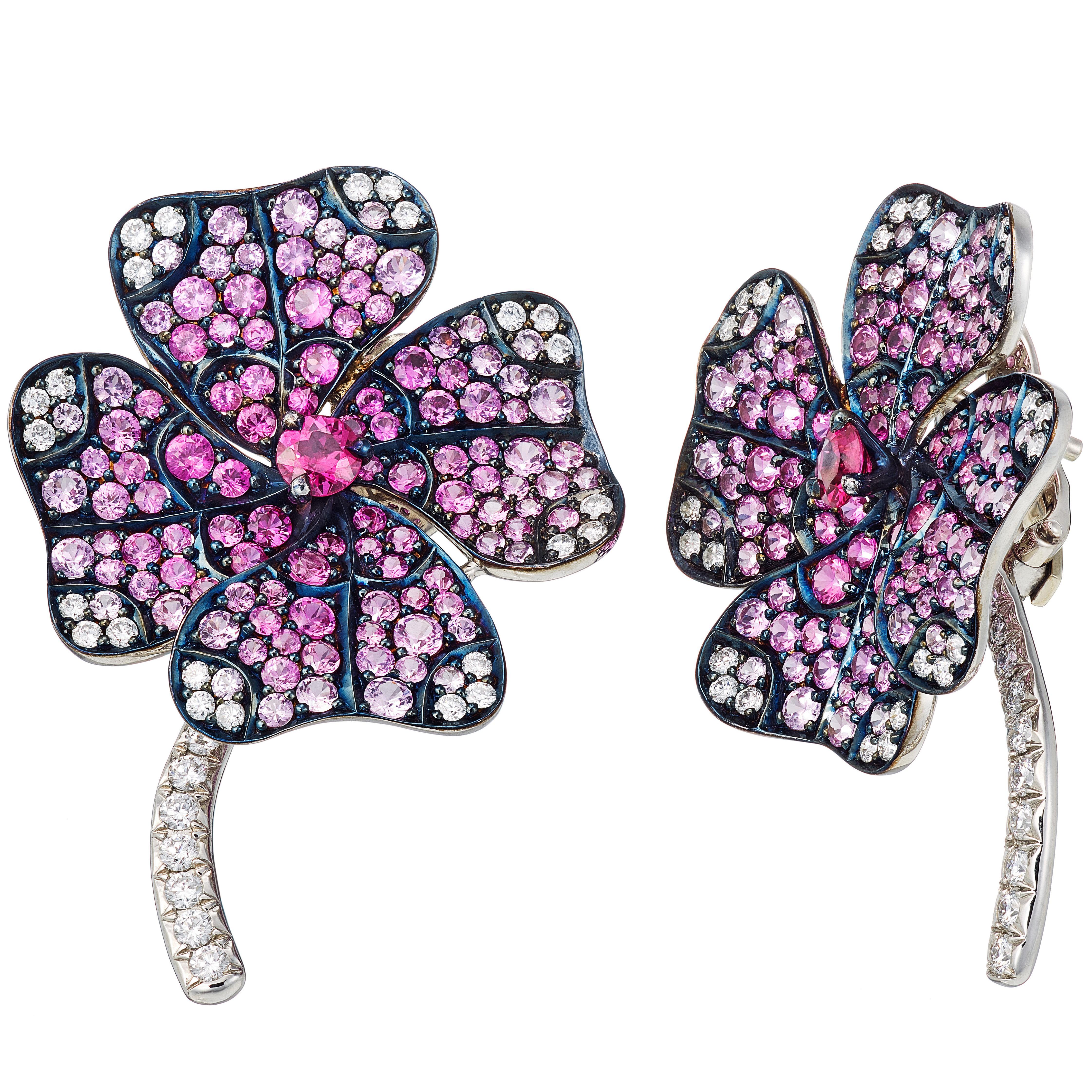 18k White Gold Palladium Pink Sapphire White Diamonds  Stud Earrings 