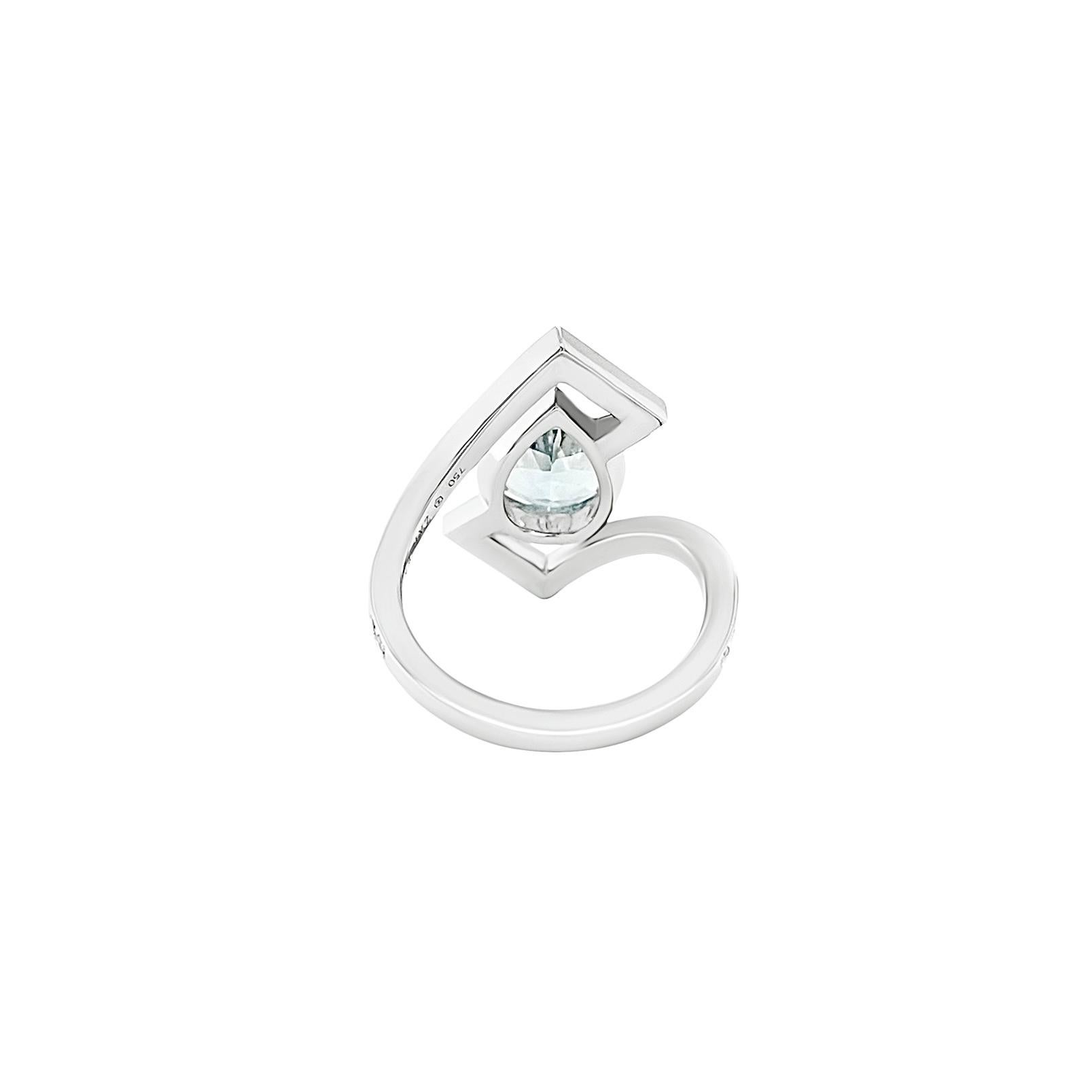 Art Deco 18K White Gold Palladium Ring Set with White Diamonds & Aquamarine For Sale