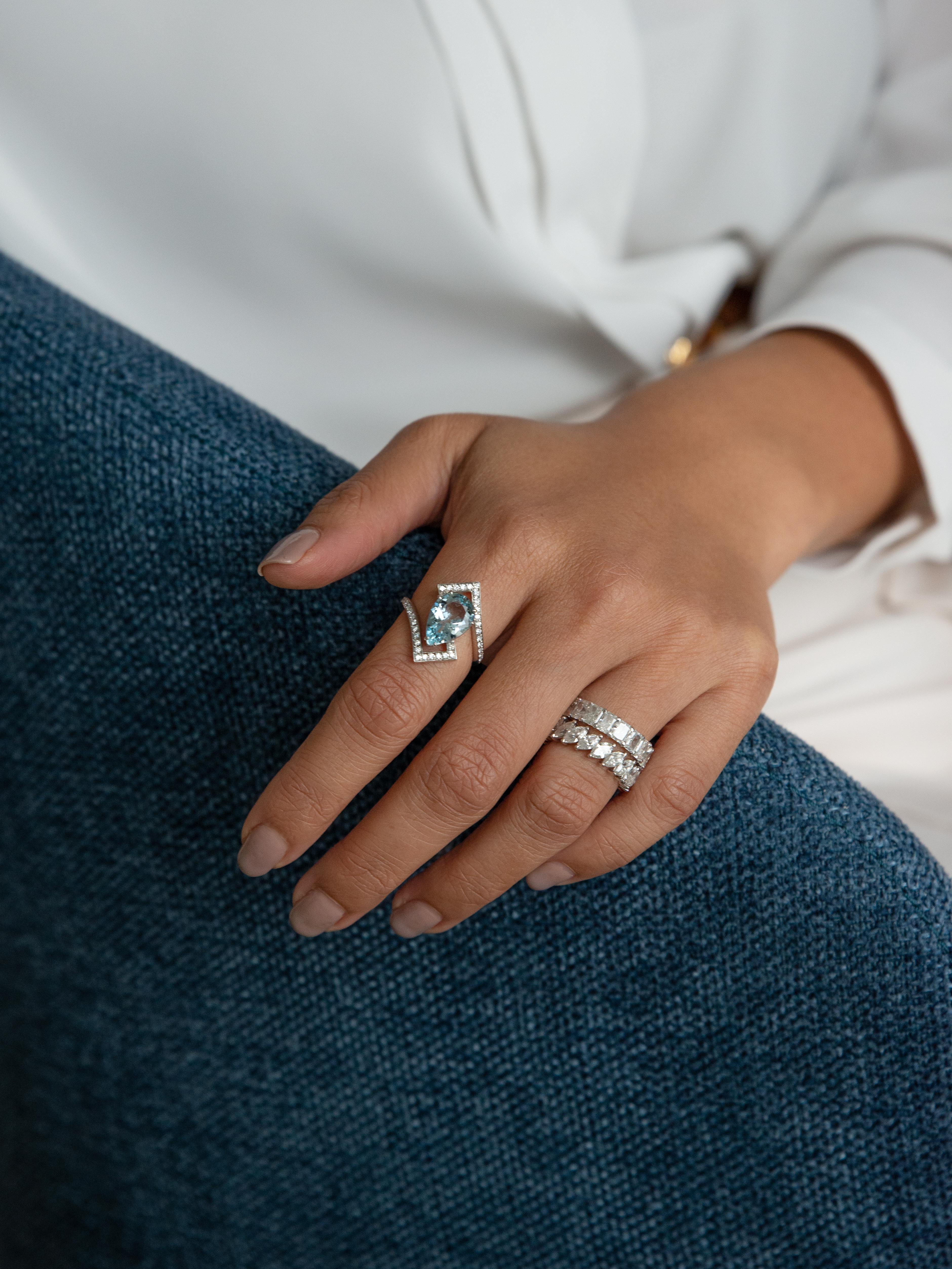 Pear Cut 18K White Gold Palladium Ring Set with White Diamonds & Aquamarine For Sale