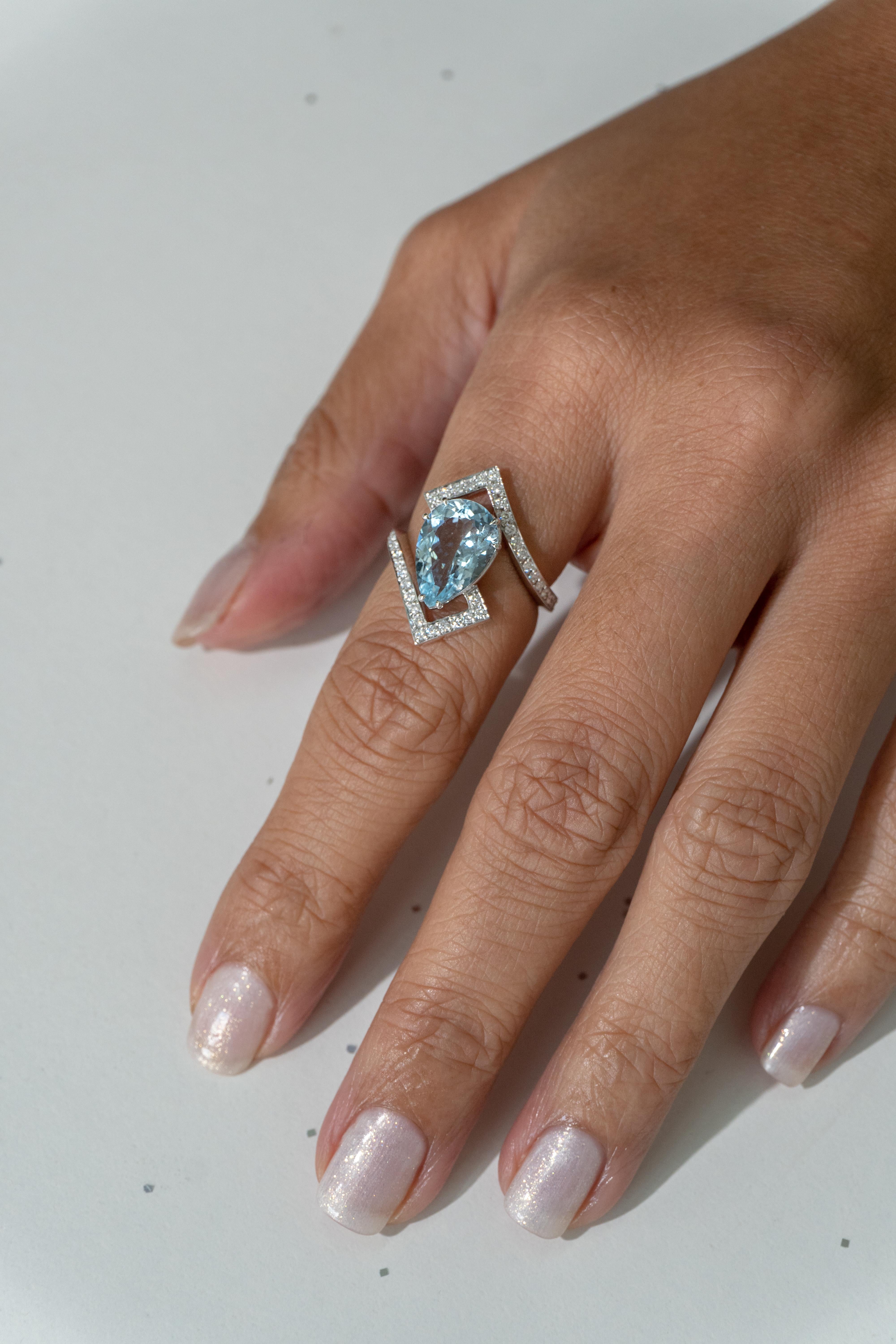 Women's 18K White Gold Palladium Ring Set with White Diamonds & Aquamarine For Sale