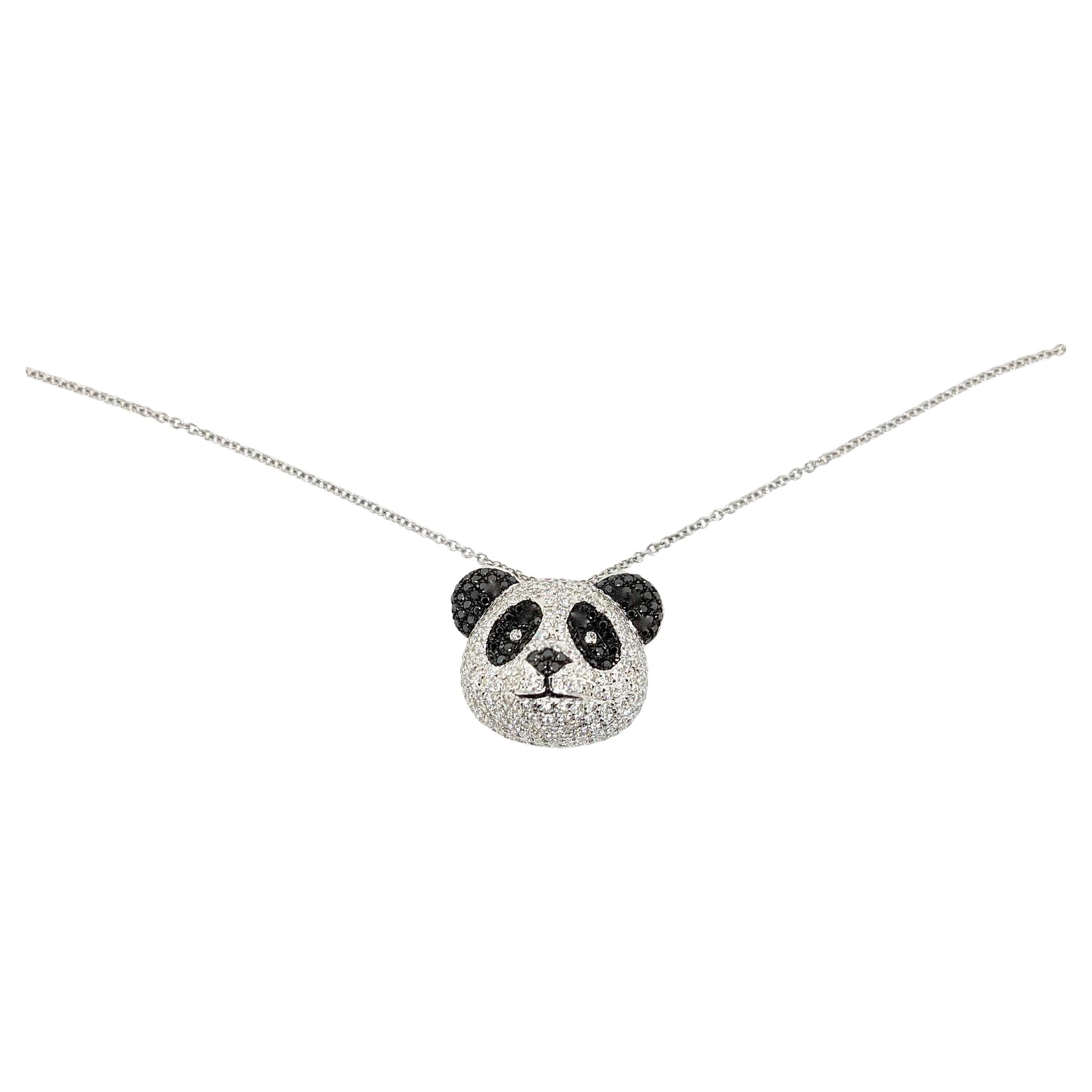 Pendentif ours Panda en or blanc 18 carats avec diamants noirs et blancs