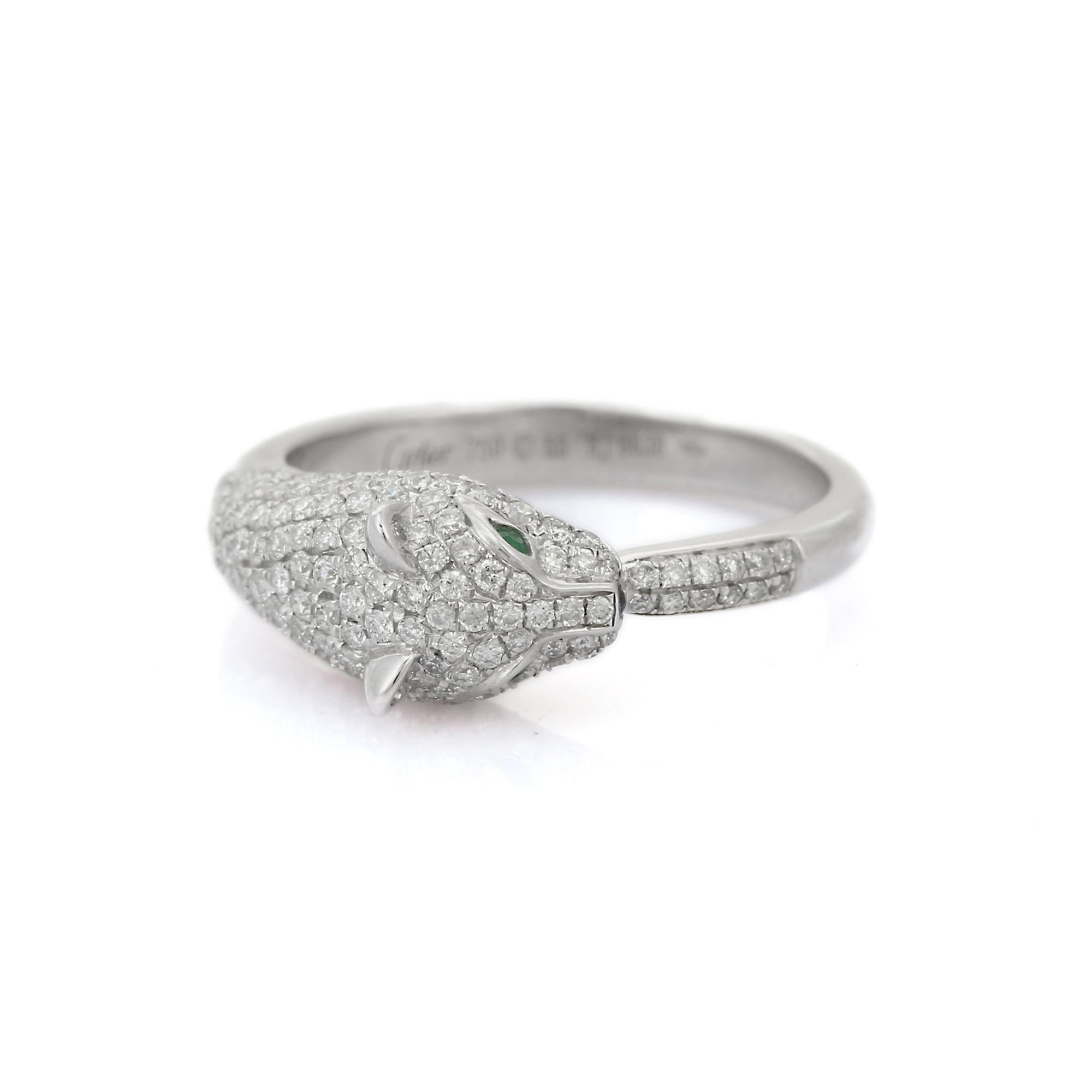 For Sale:  18K White Gold Panther Animal Cocktail Ring with Emerald, Sapphire and Diamonds 7