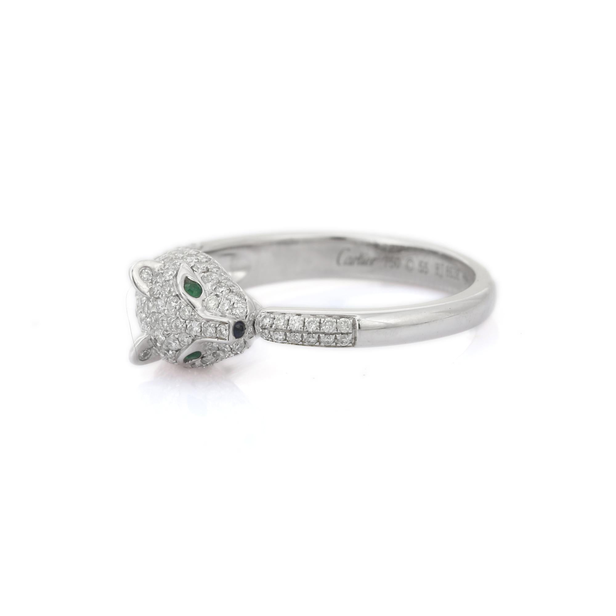 For Sale:  18K White Gold Panther Animal Cocktail Ring with Emerald, Sapphire and Diamonds 10