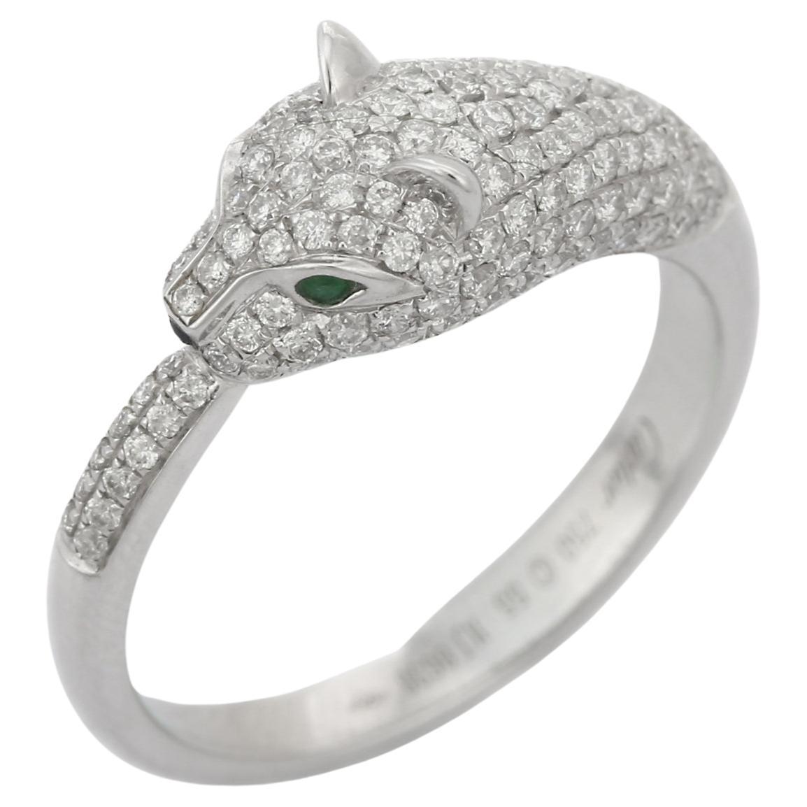 18K White Gold Panther Animal Cocktail Ring with Emerald, Sapphire and Diamonds