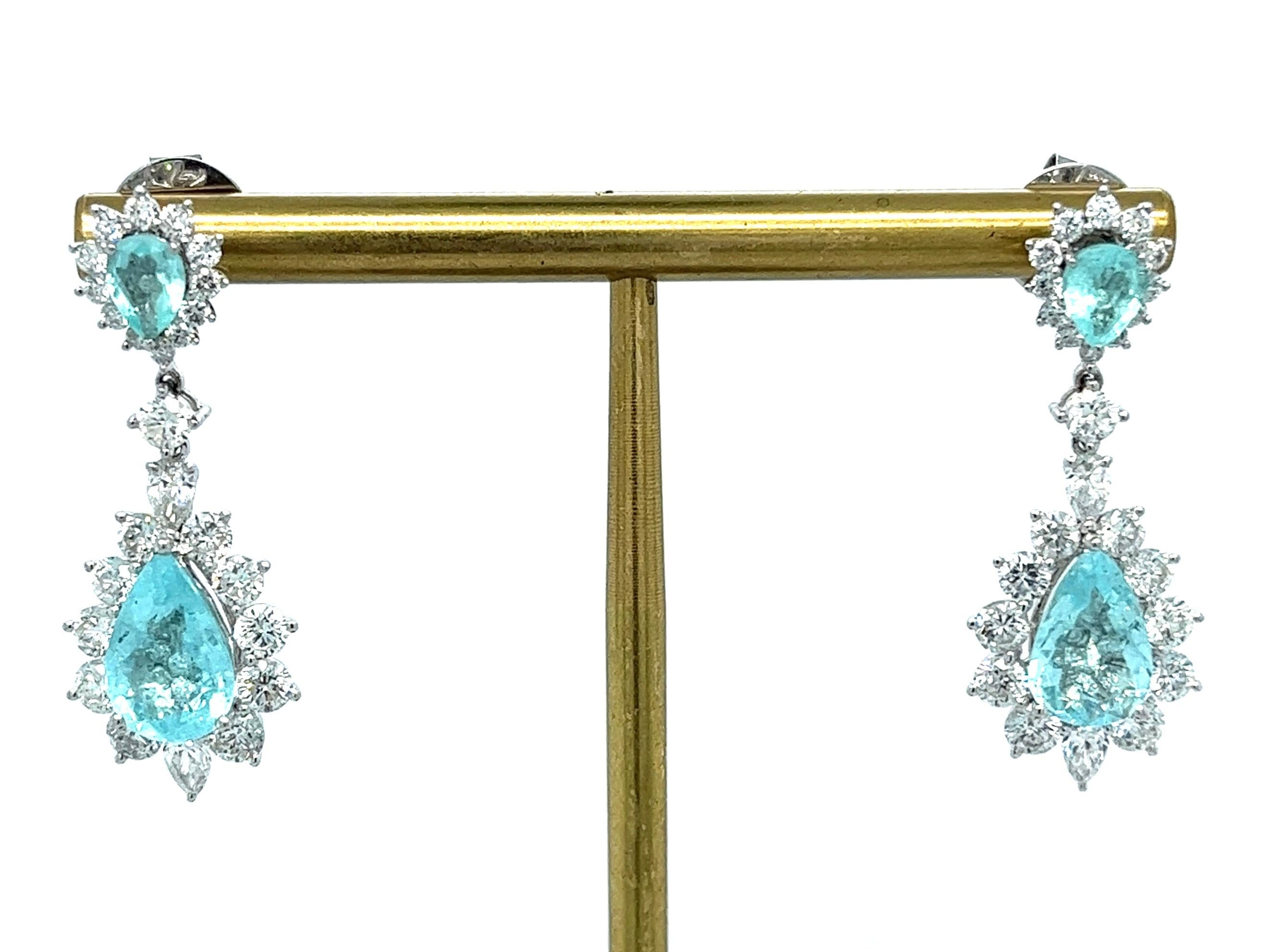 Modern 18K White Gold Paraiba Tourmaline Diamond Drop Earrings For Sale