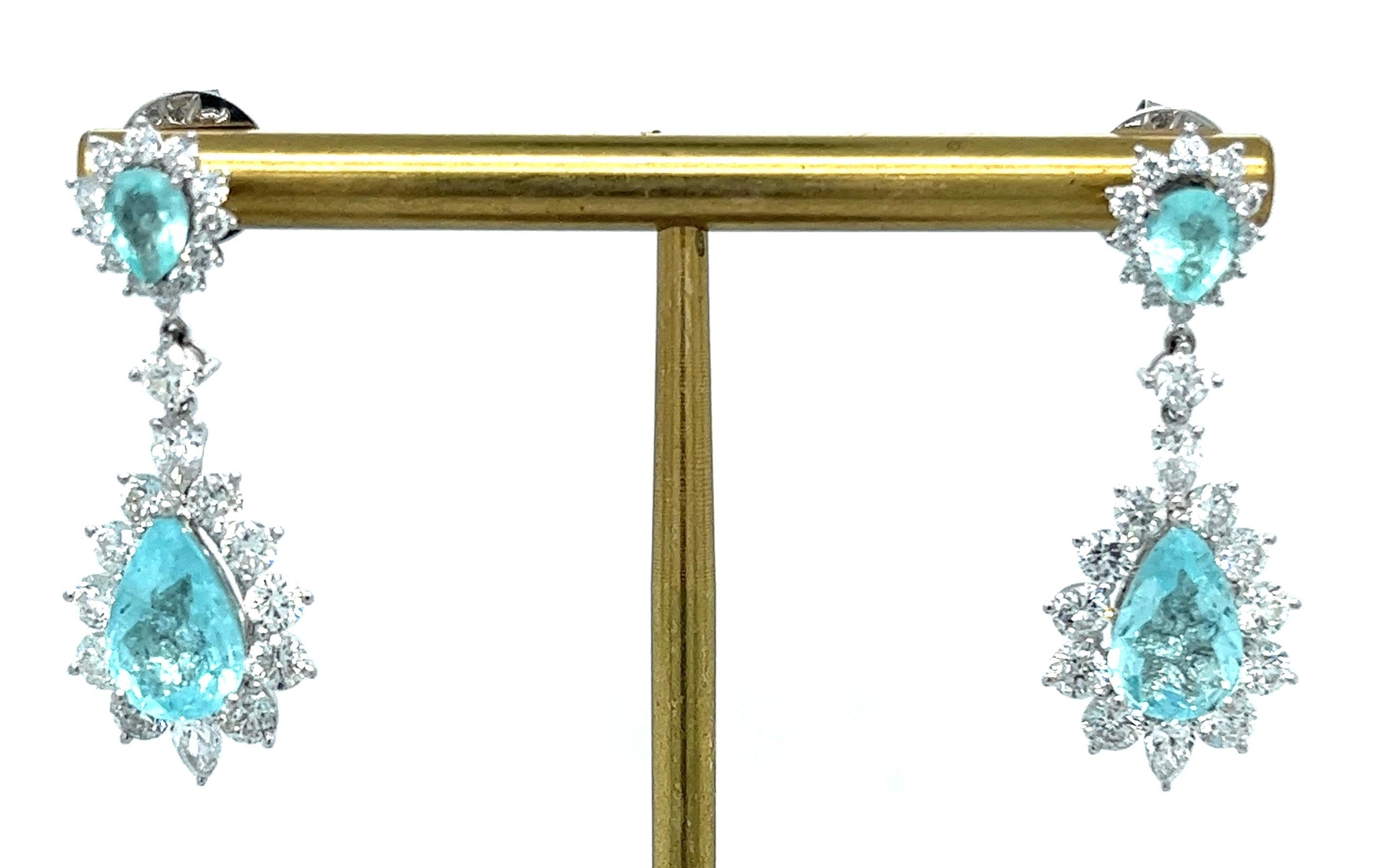 Round Cut 18K White Gold Paraiba Tourmaline Diamond Drop Earrings For Sale