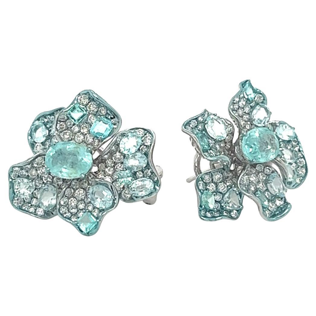 18K Weißgold Paraiba Turmalin Blume Ohrringe im Angebot