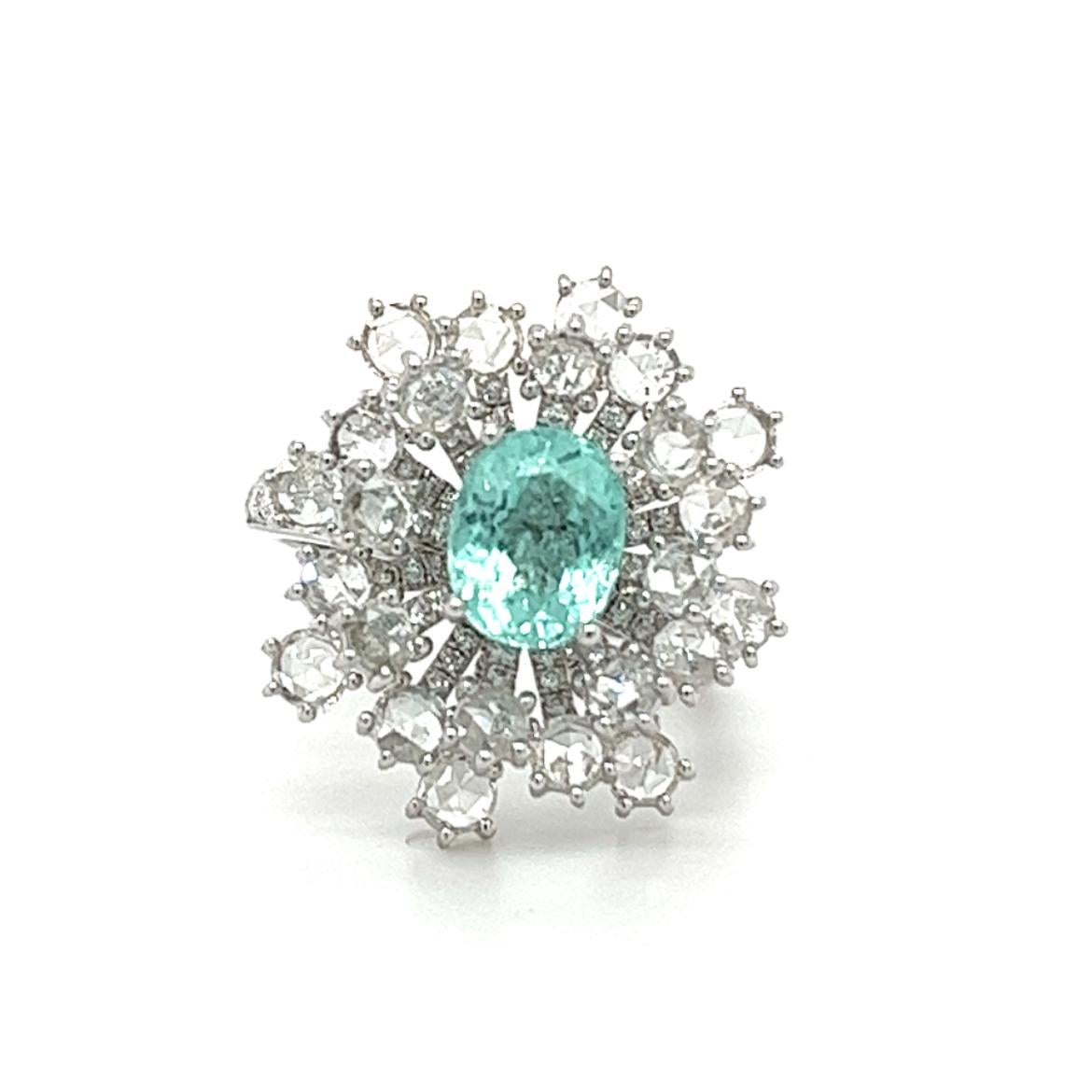 18K White Gold Paraiba Tourmaline Ring with Diamonds

1 Paraiba - 11.670CT
24 Diamonds - 1.450CT
130 Diamonds - 0.720CT
18K White Gold - 6.580GM

Exquisitely crafted in gleaming 18K white gold, this breathtaking ring showcases a stunning Paraiba